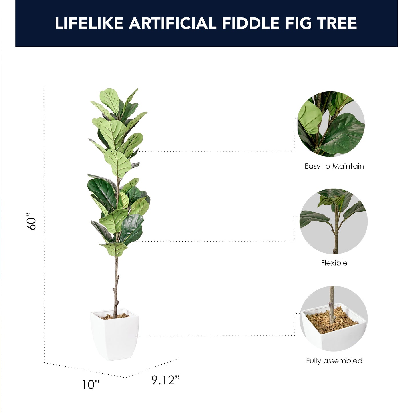 Artificial Fiddle Fig Tree in White Square Ceramic Pot - 60" - Botanica Home ™