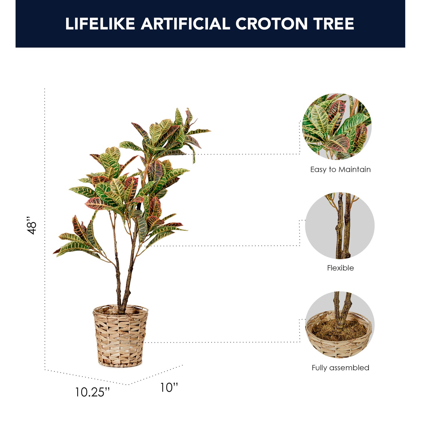 Artificial Croton Tree in Water Hyacinth Woven Basket - 48" -- Botanica Home ™