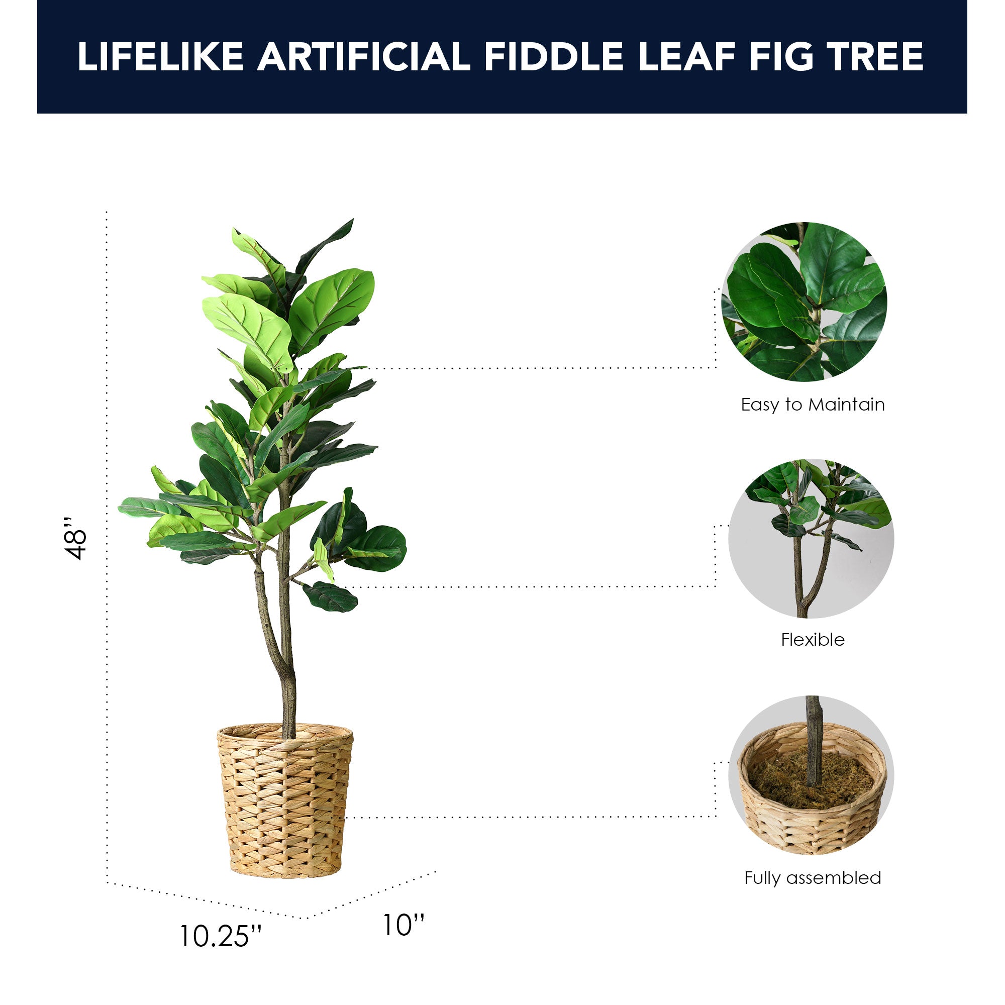 Artificial Fiddle Fig Tree in Water Hyacinth Woven Basket - 48