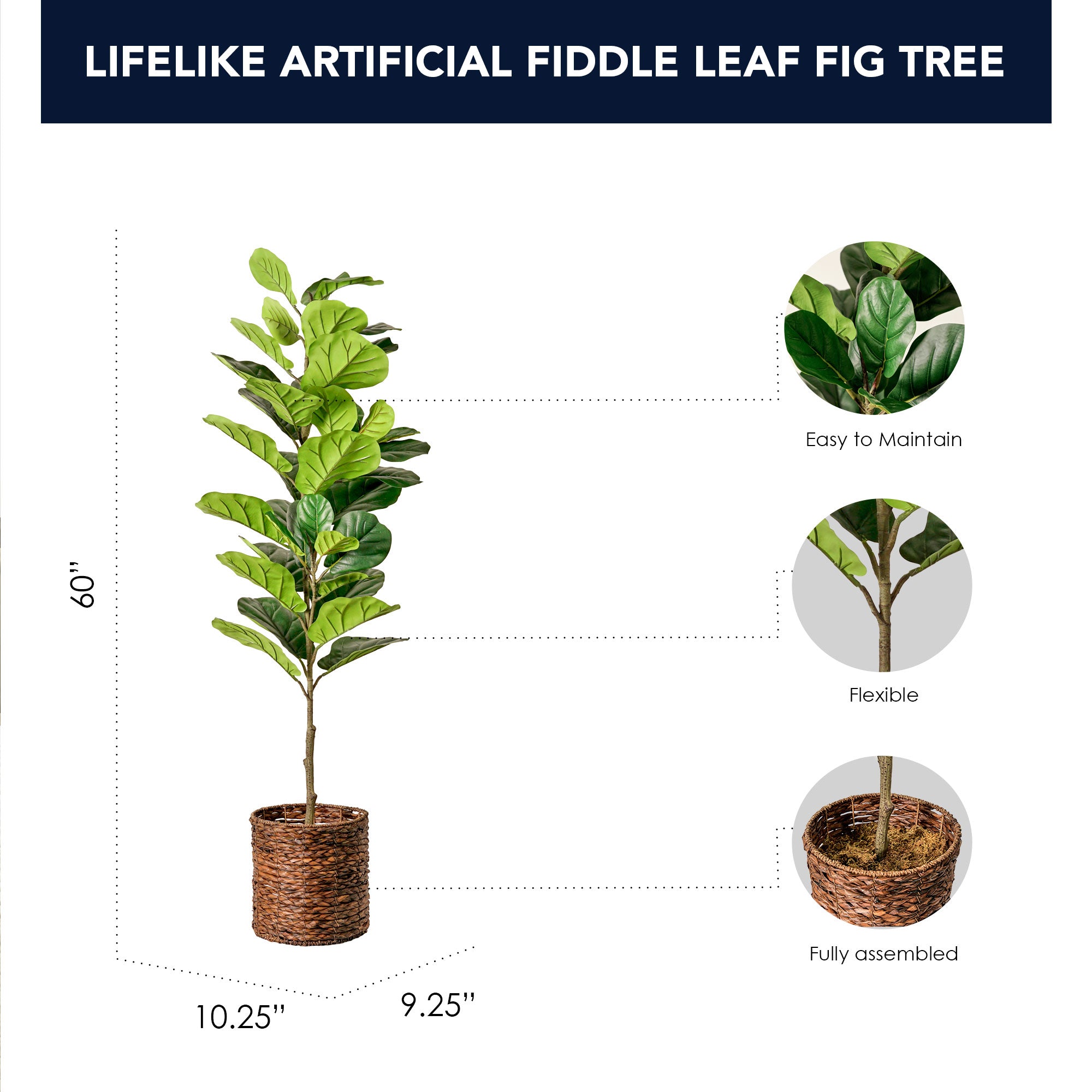 Artificial Fiddle Fig Tree in Water Hyacinth Woven Basket - 60
