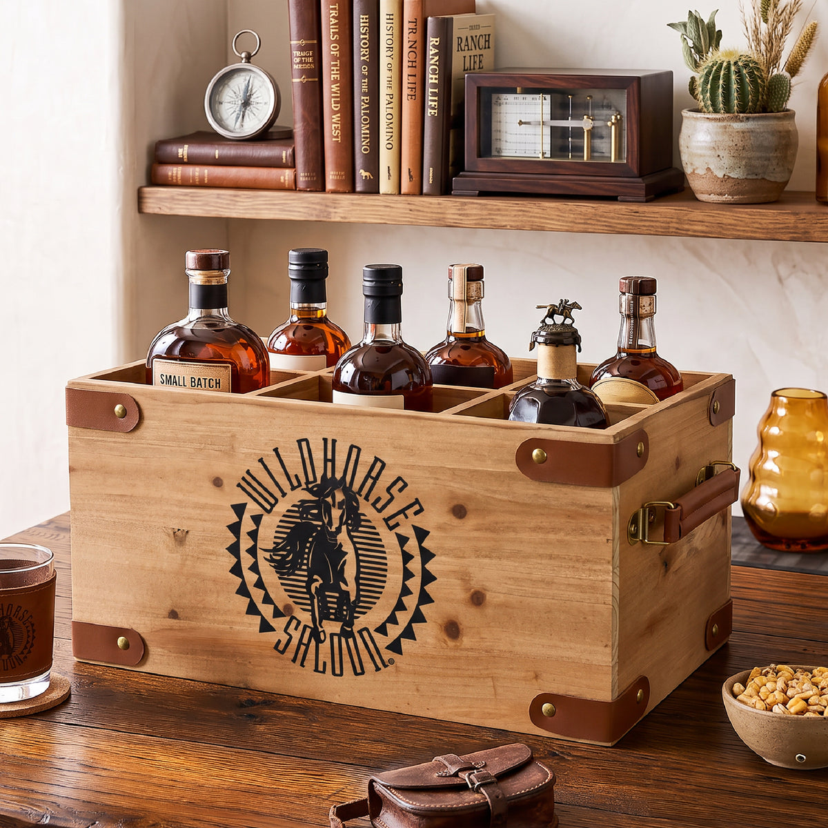 Wildhorse Saloon 6-Bottle Wood Crate with Leather-Look Handles