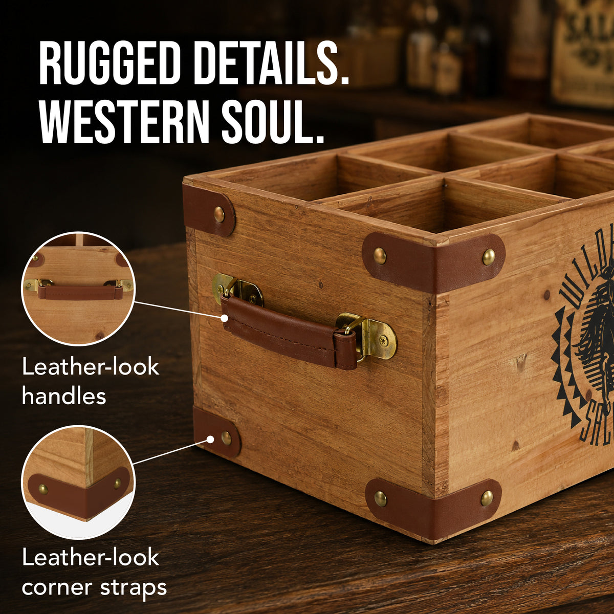 Wildhorse Saloon 6-Bottle Wood Crate with Leather-Look Handles