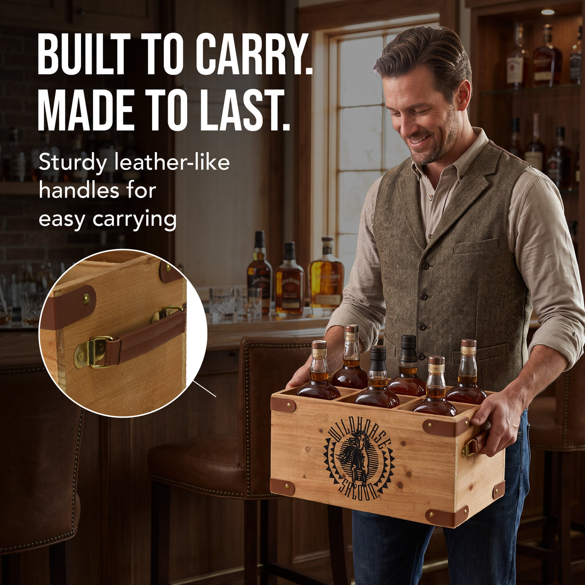 Wildhorse Saloon 6-Bottle Wood Crate with Leather-Look Handles