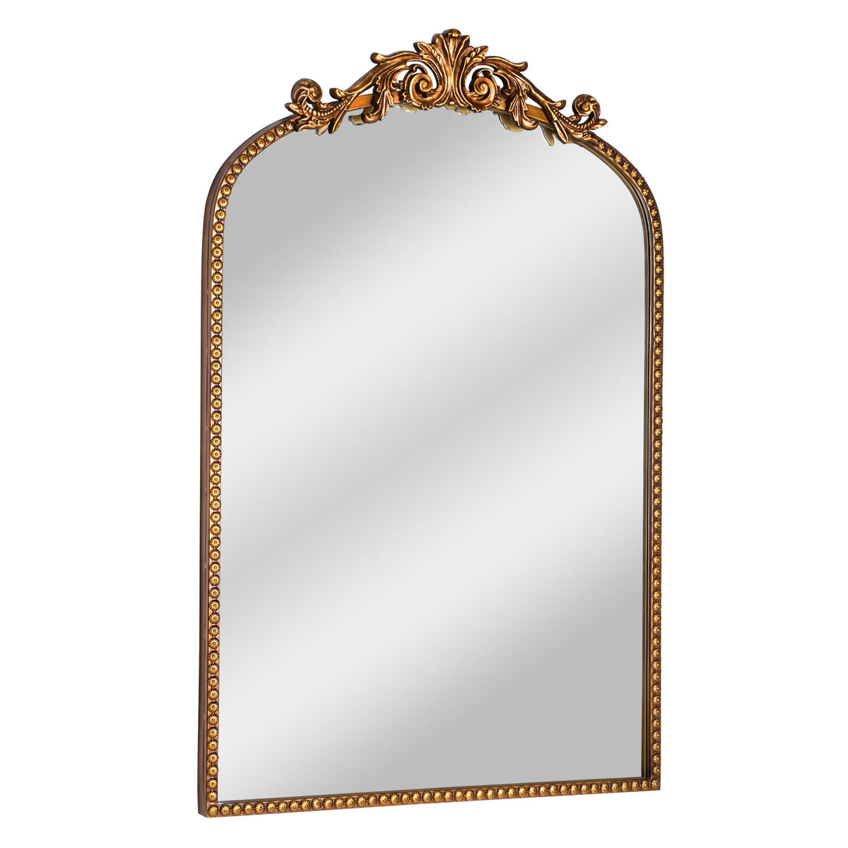 A compact 20 x 30 antique gold arched wall mirror with filigree crest and beaded trim, displayed vertically above a vanity for grooming in a warm dressing space.