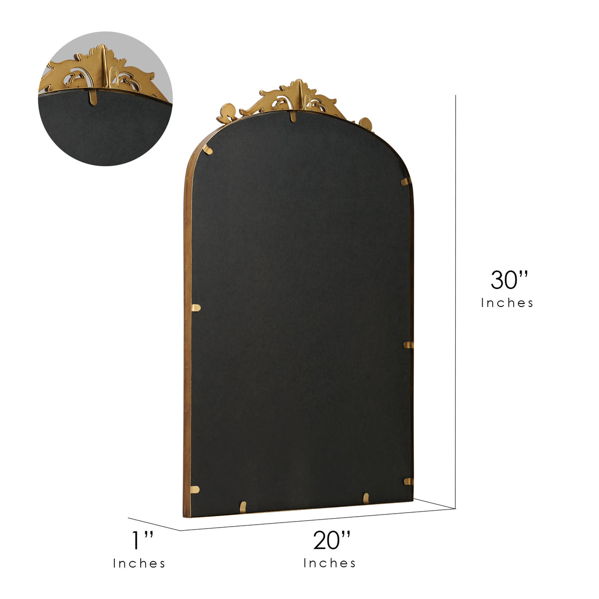 A compact 20 x 30 antique gold arched wall mirror with filigree crest and beaded trim, displayed vertically above a vanity for grooming in a warm dressing space.