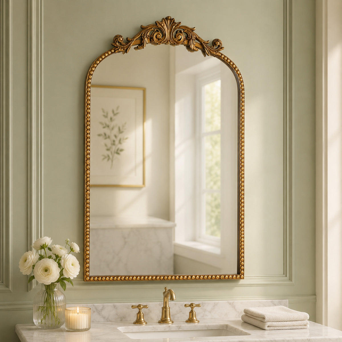 A compact 20 x 30 antique gold arched wall mirror with filigree crest and beaded trim, displayed vertically above a vanity for grooming in a warm dressing space.