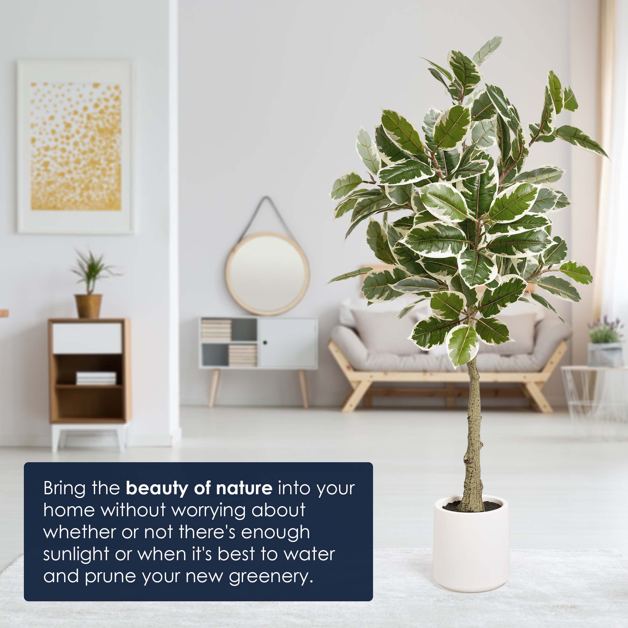 Realistic Artificial Variegated Rubber Tree Faux Plant in a White Pot for Indoor Living Room or Office - 60