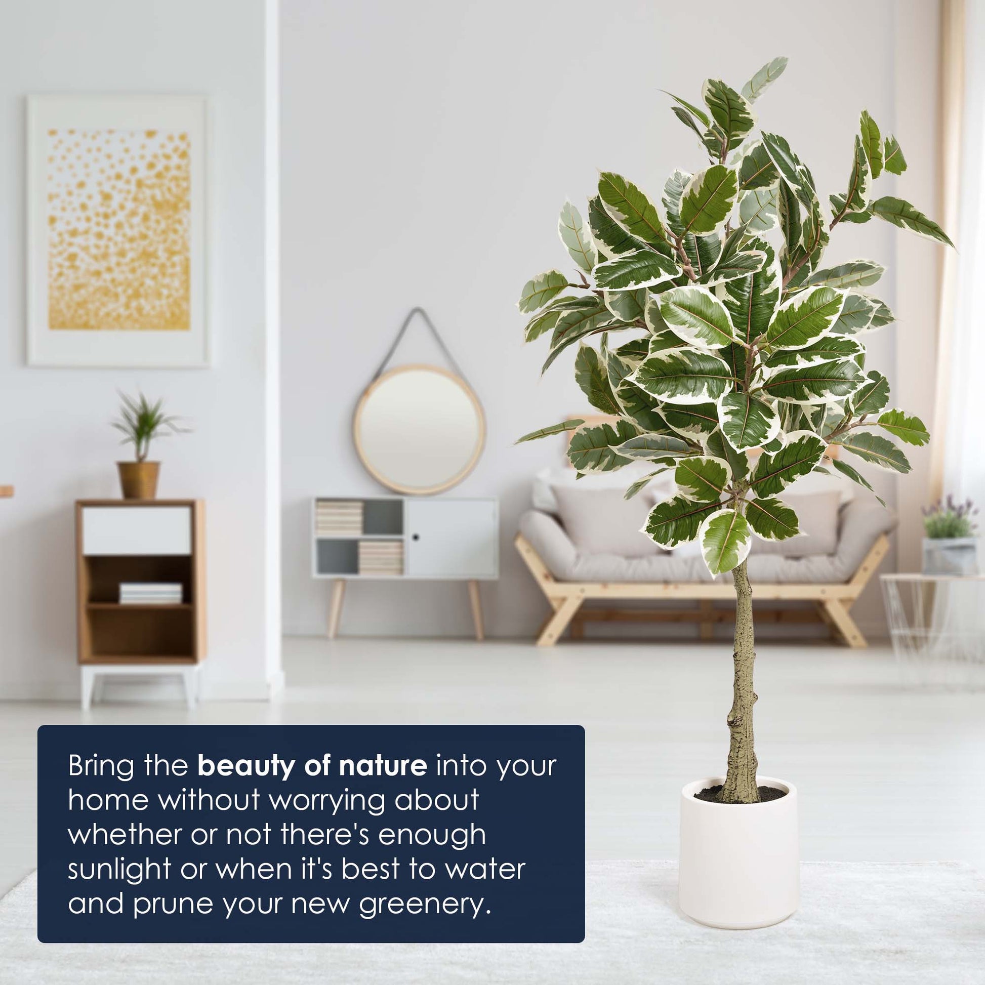 indoor artificial plant with stand Realistic Artificial Variegated Rubber Tree Faux Plant in a White Pot for Indoor Living Room or Office - 60"