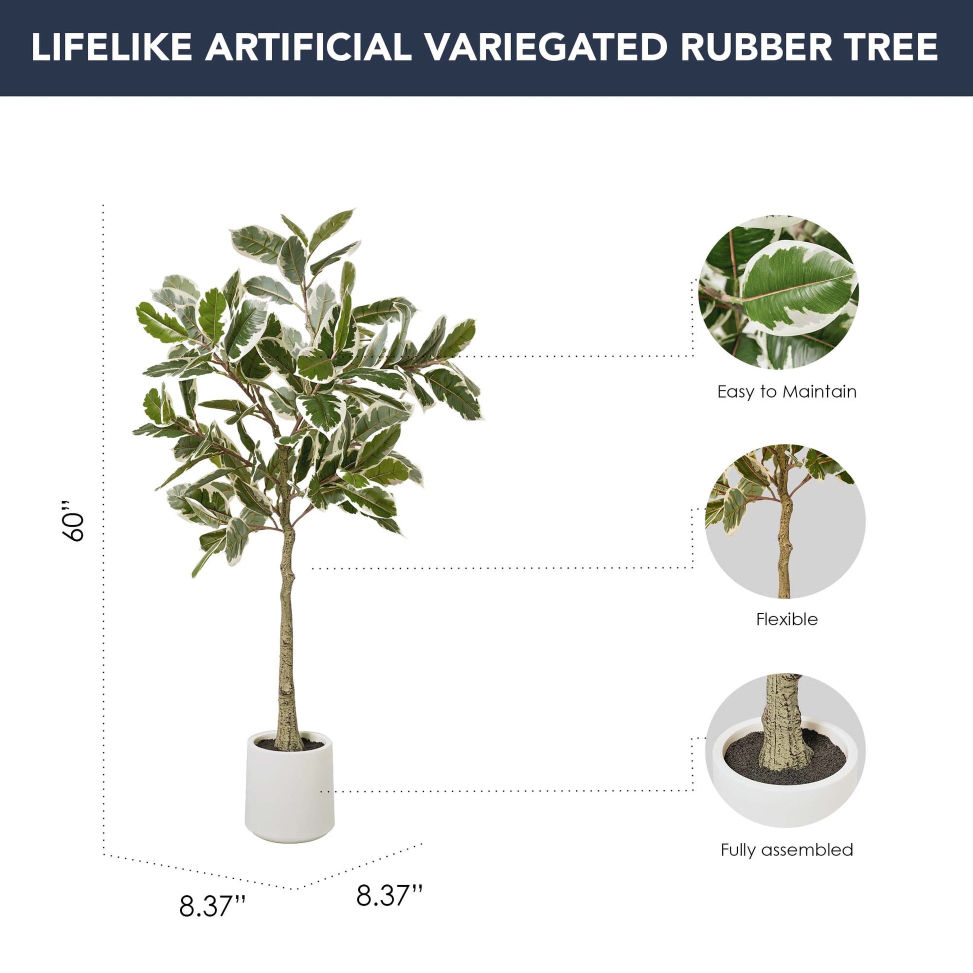 artificial plants indoor sale American Art Decor Realistic Artificial Variegated Rubber Tree Faux Plant in a White Pot for Home Decor, Indoor Living Room, or Office, 60"