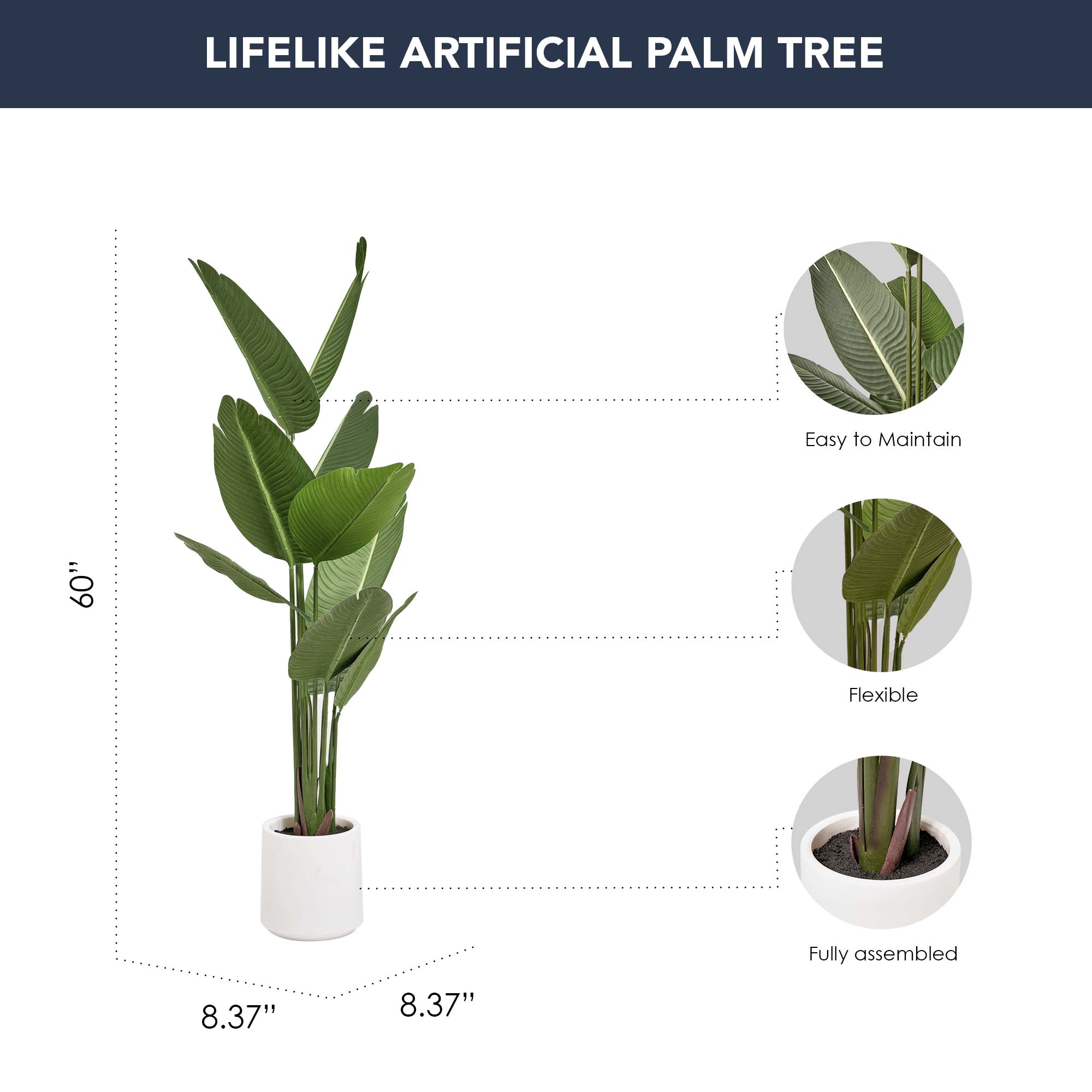 Realistic Artificial Palm Tree Faux Plant in a White Pot for Indoor Living Room or Office - 60