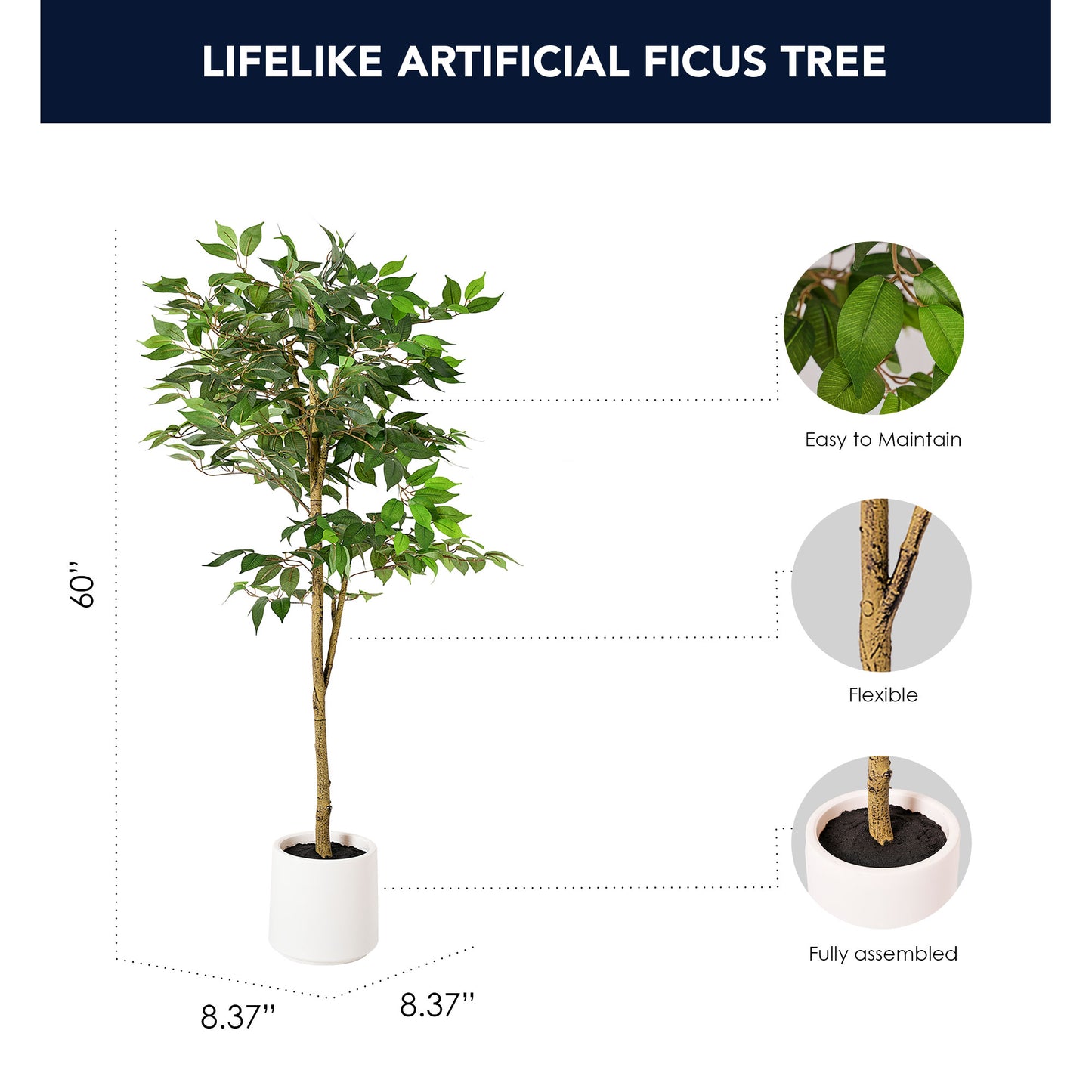 Realistic Artificial Ficus Tree Faux Plant in a White Pot - 60" - Botanica Home