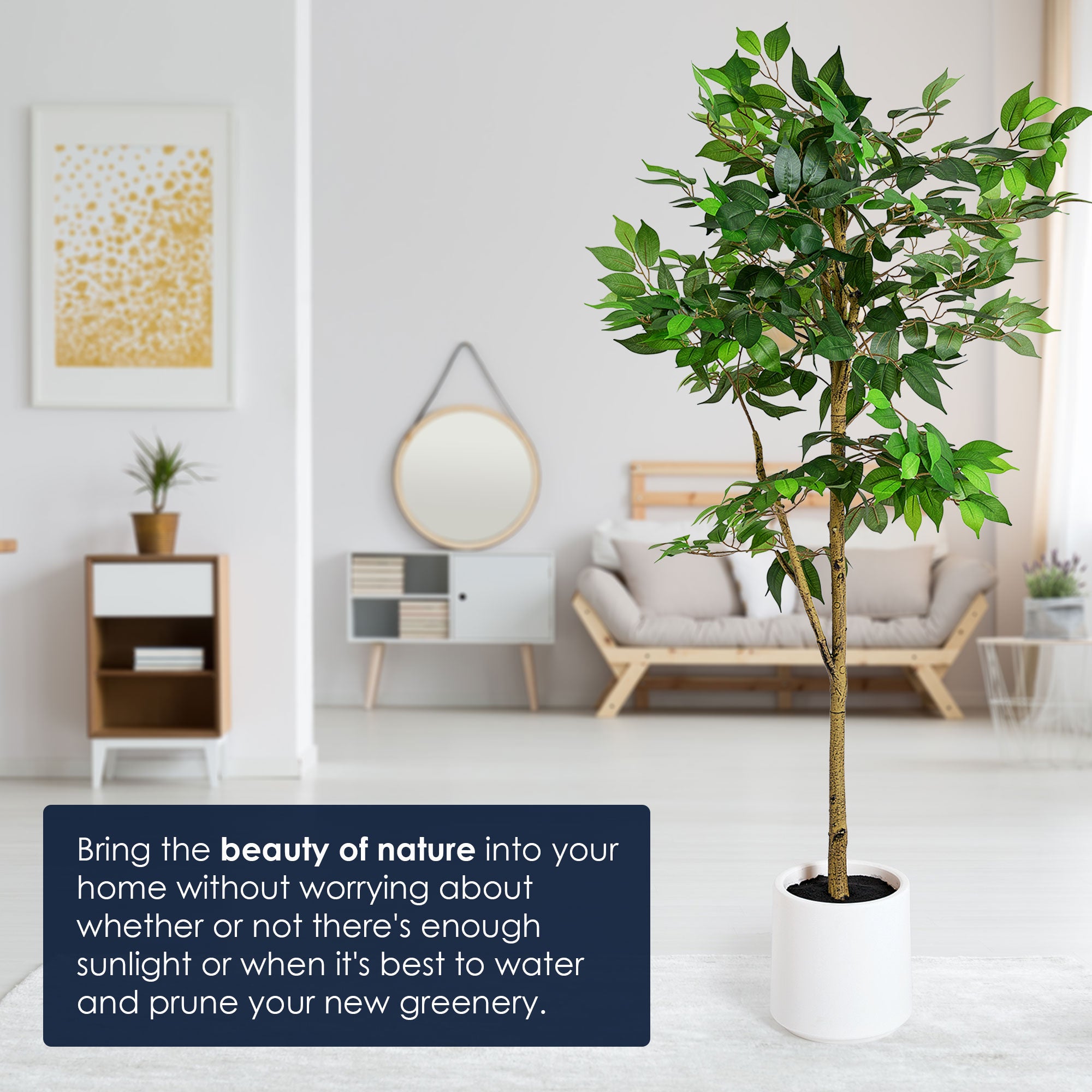 Realistic Artificial Ficus Tree Faux Plant in a White Pot - 60