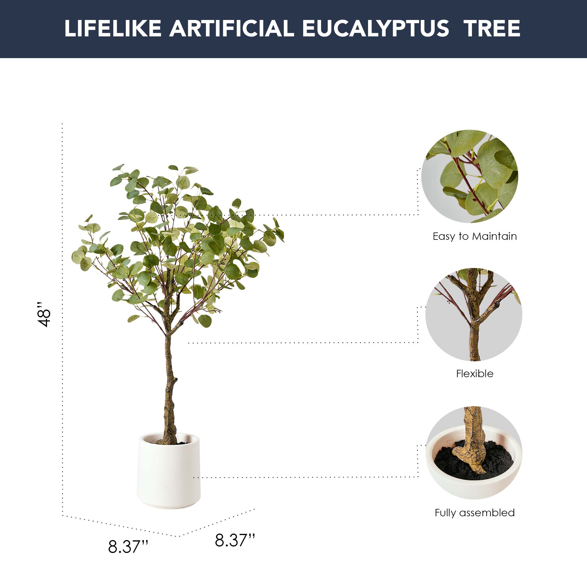 Realistic Artificial Eucalyptus Tree in a White Pot Faux Plant for Indoor Living Room or Office - 48