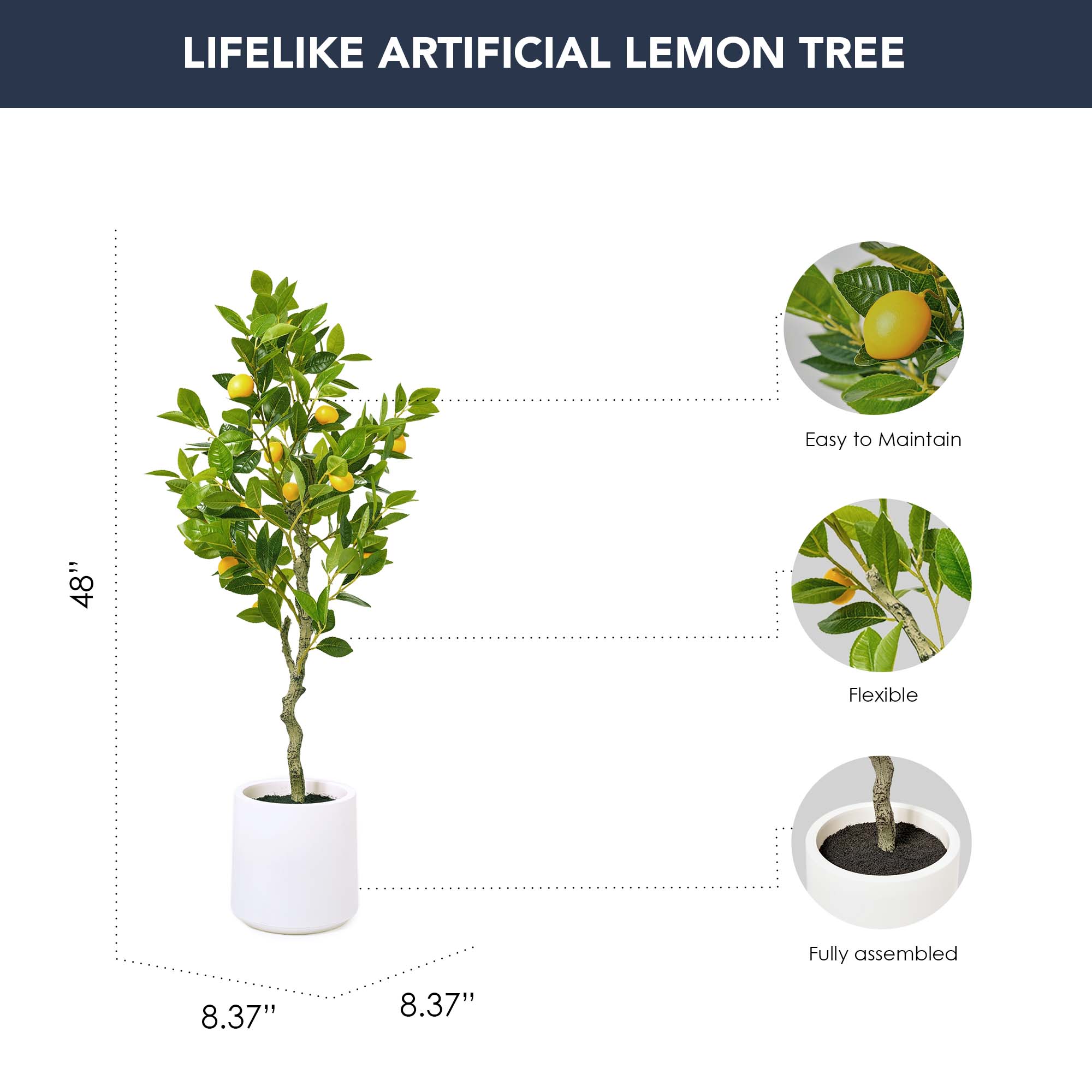 Realistic Artificial Lemon Tree Faux Plant in a White Pot for Indoor Living Room or Office - 60