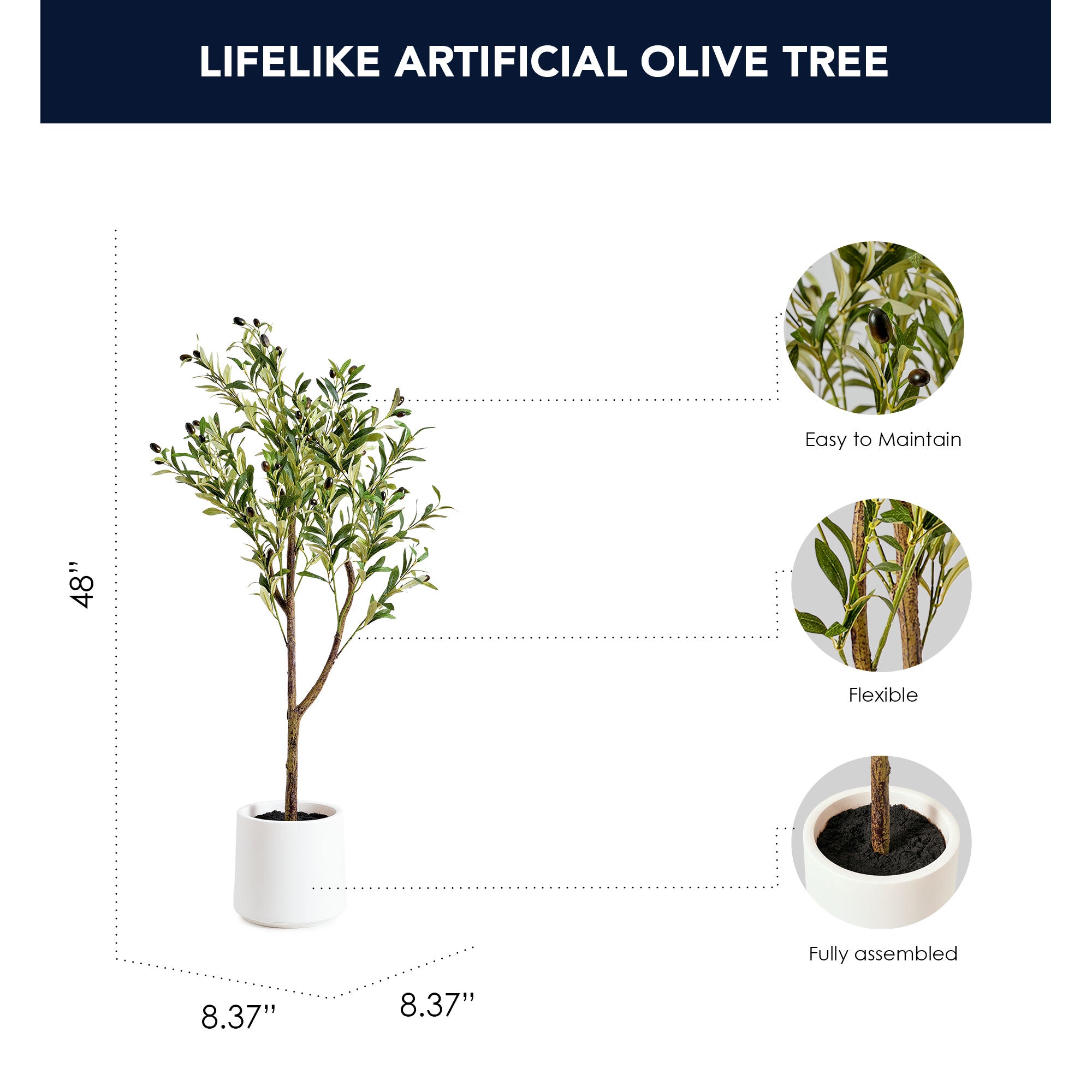 Realistic Artificial Olive Tree in a White Pot Faux Plant for Indoor Living Room or Office - 48