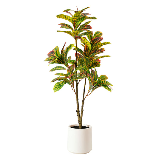 Realistic Artificial Croton Tree in a White Pot Faux Plant for Indoor Living Room or Office - 48"