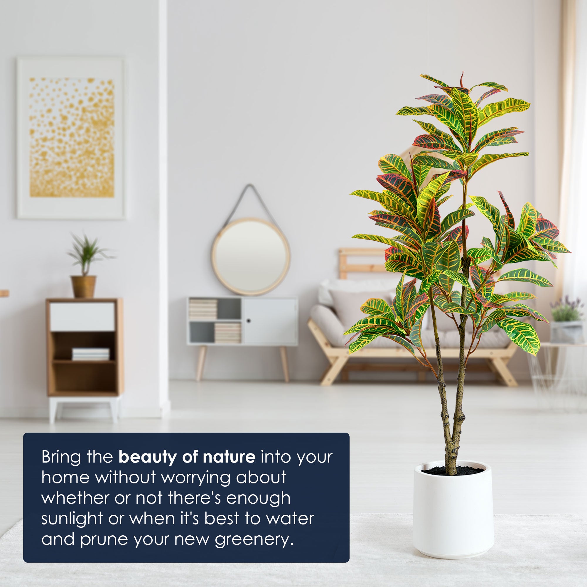 Realistic Artificial Croton Tree in a White Pot Faux Plant for Indoor Living Room or Office - 48