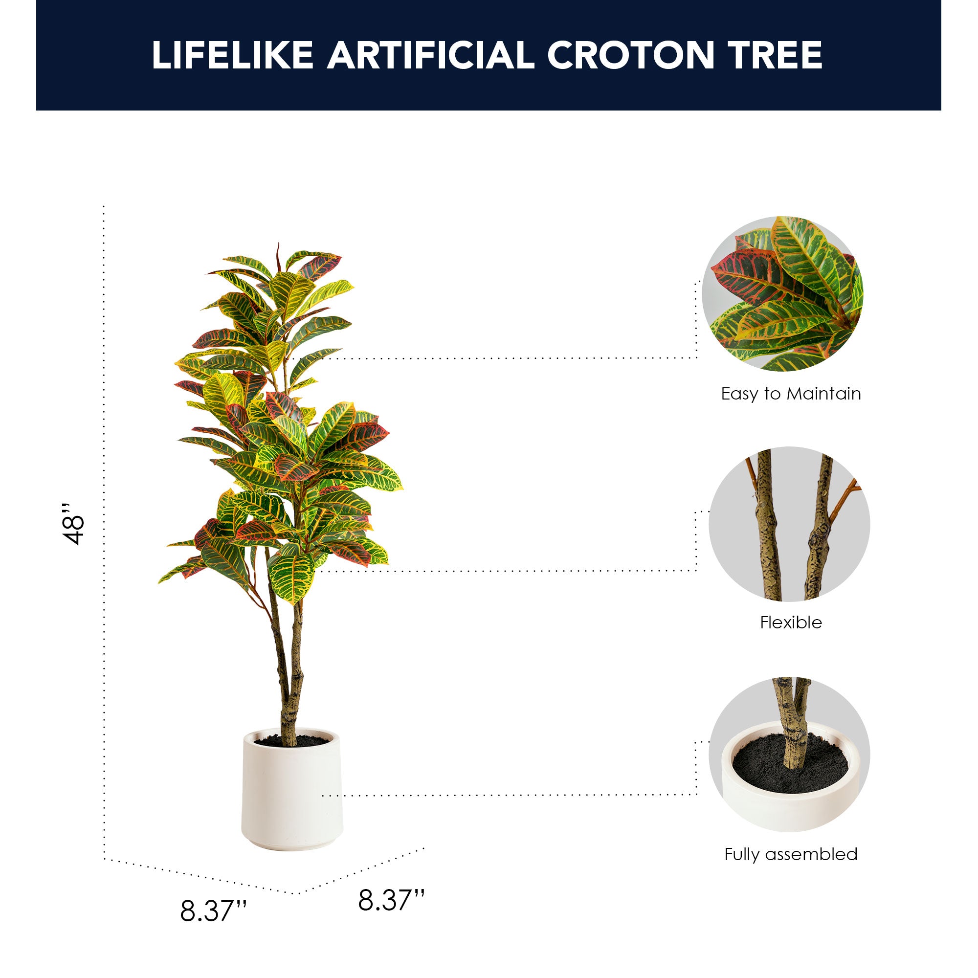 Realistic Artificial Croton Tree in a White Pot Faux Plant for Indoor Living Room or Office - 48