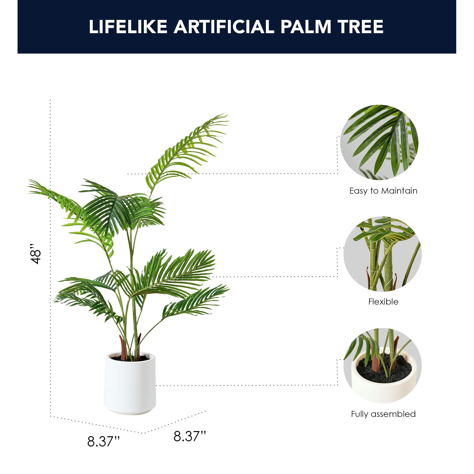 Realistic Artificial Palm Tree in a White Pot Faux Plant - 48