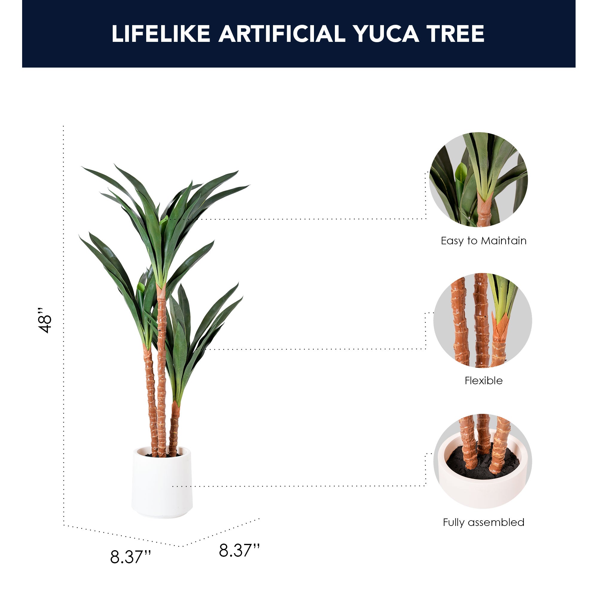 Realistic Artificial Yuca Tree Faux Plant in a White Pot - 48