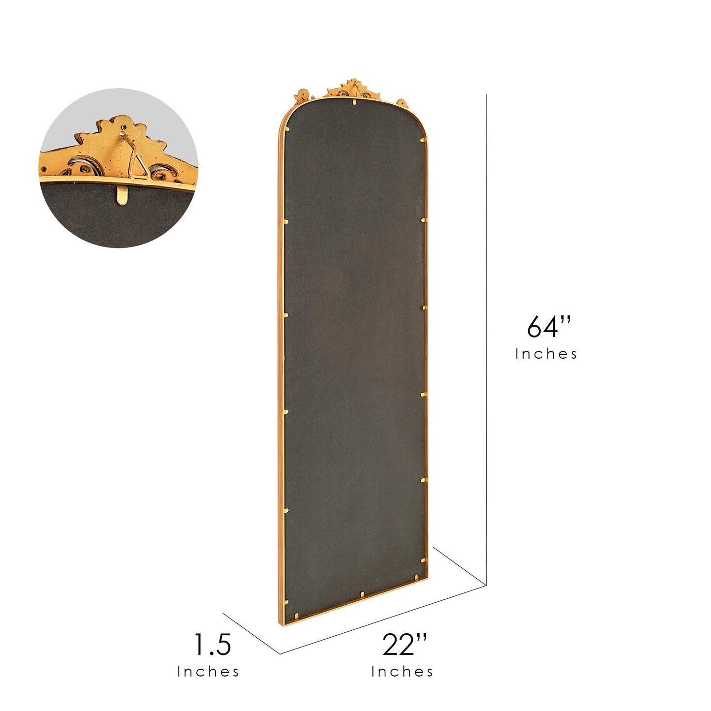 A slim 22 x 64 antique gold arched full body mirror with ornate filigree crest and floral-bead border, leaning beside a dresser and closet in a warm bedroom.