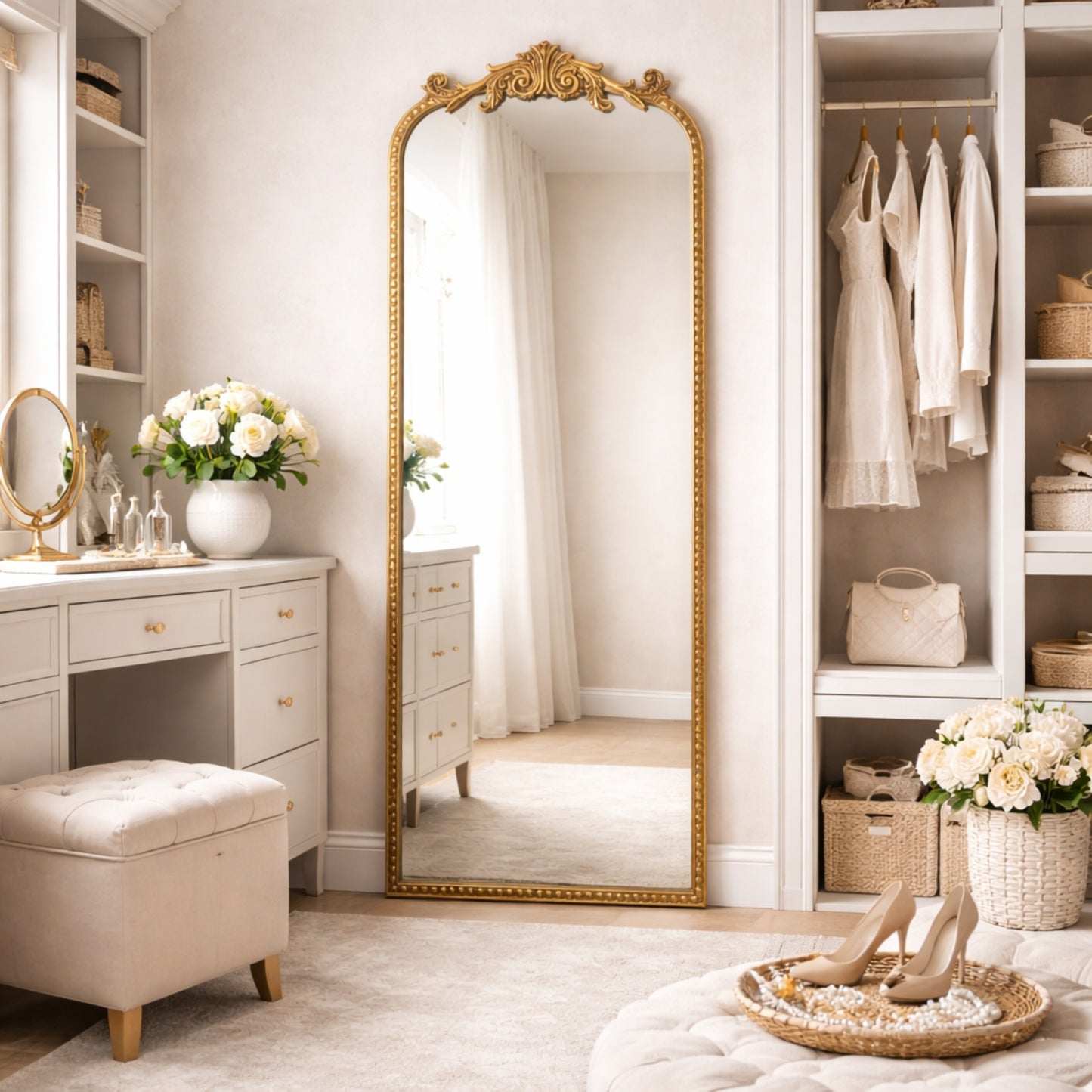 A slim 22 x 64 antique gold arched full body mirror with ornate filigree crest and floral-bead border, leaning beside a dresser and closet in a warm bedroom.