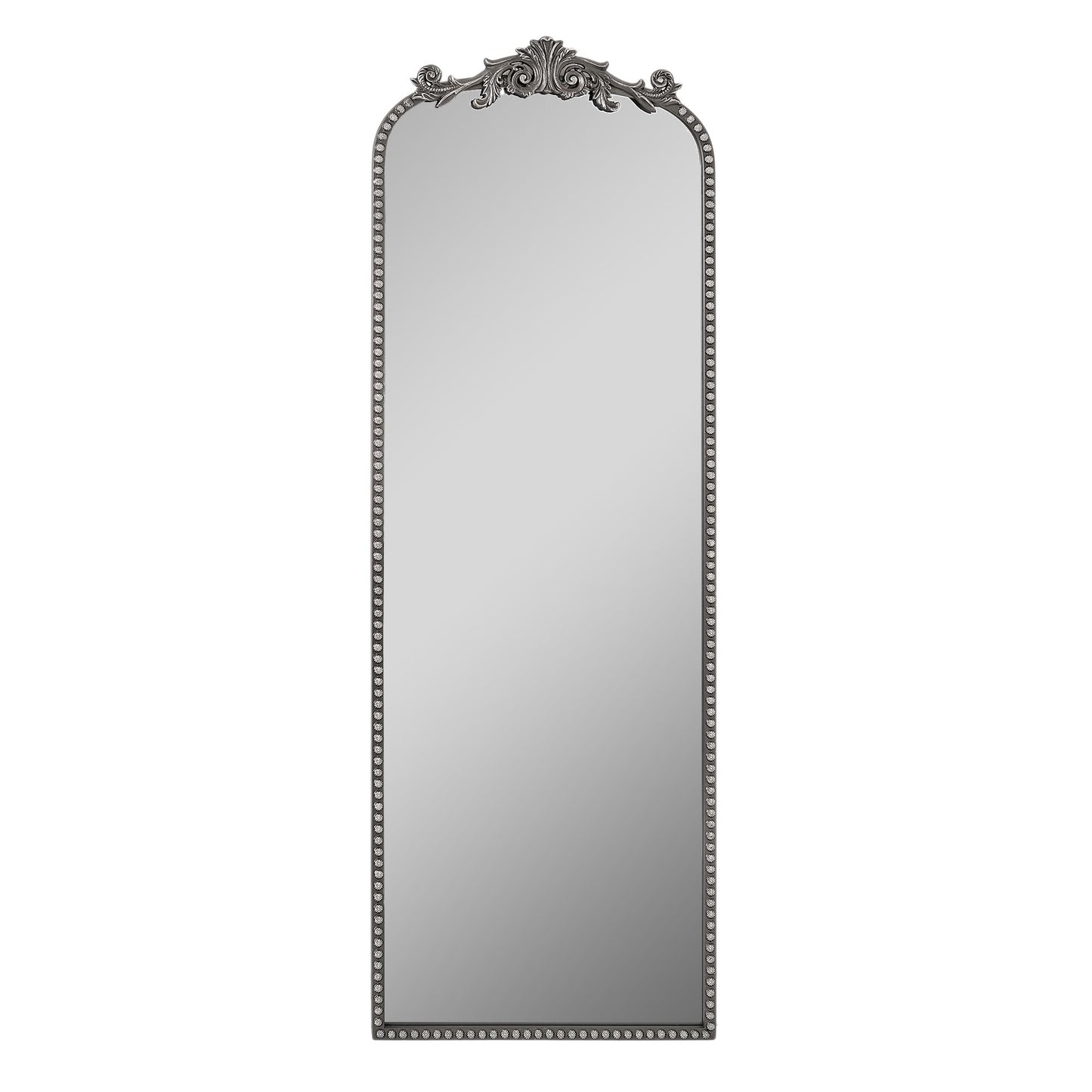 A 22 x 64 pewter arched full length mirror with antique silver scrollwork and beaded frame, positioned as a narrow floor leaner near a closet and entry area.