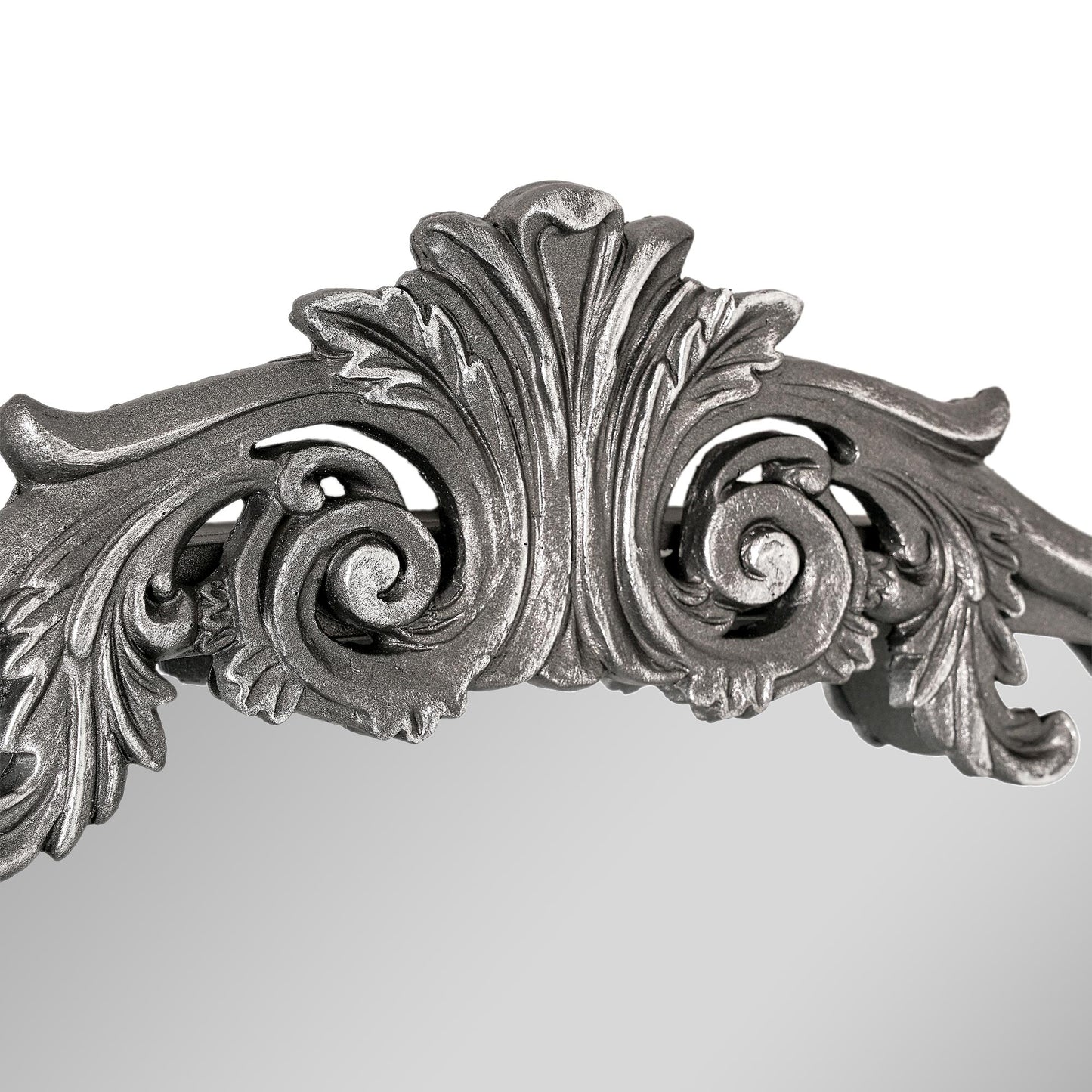 A 22 x 64 pewter arched full length mirror with antique silver scrollwork and beaded frame, positioned as a narrow floor leaner near a closet and entry area.