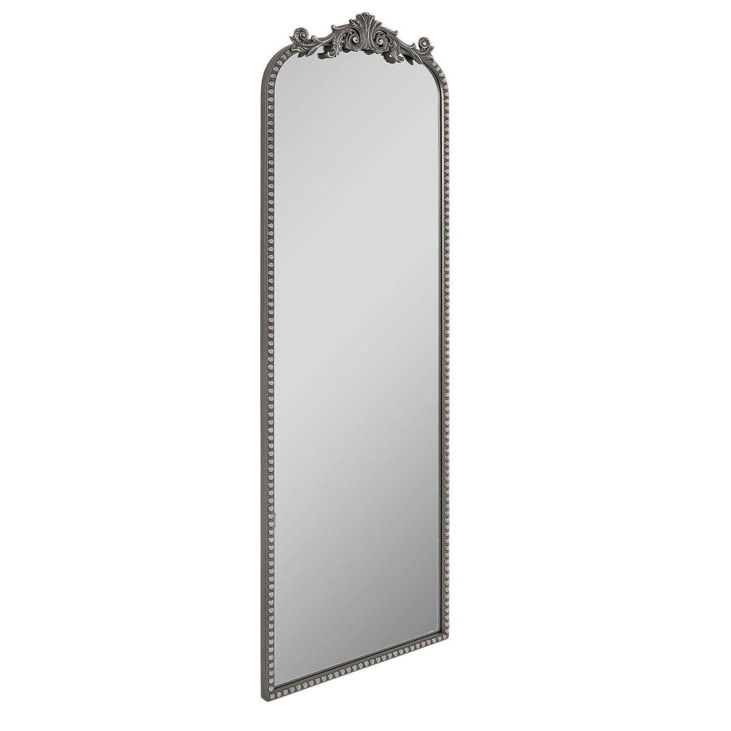 A 22 x 64 pewter arched full length mirror with antique silver scrollwork and beaded frame, positioned as a narrow floor leaner near a closet and entry area.