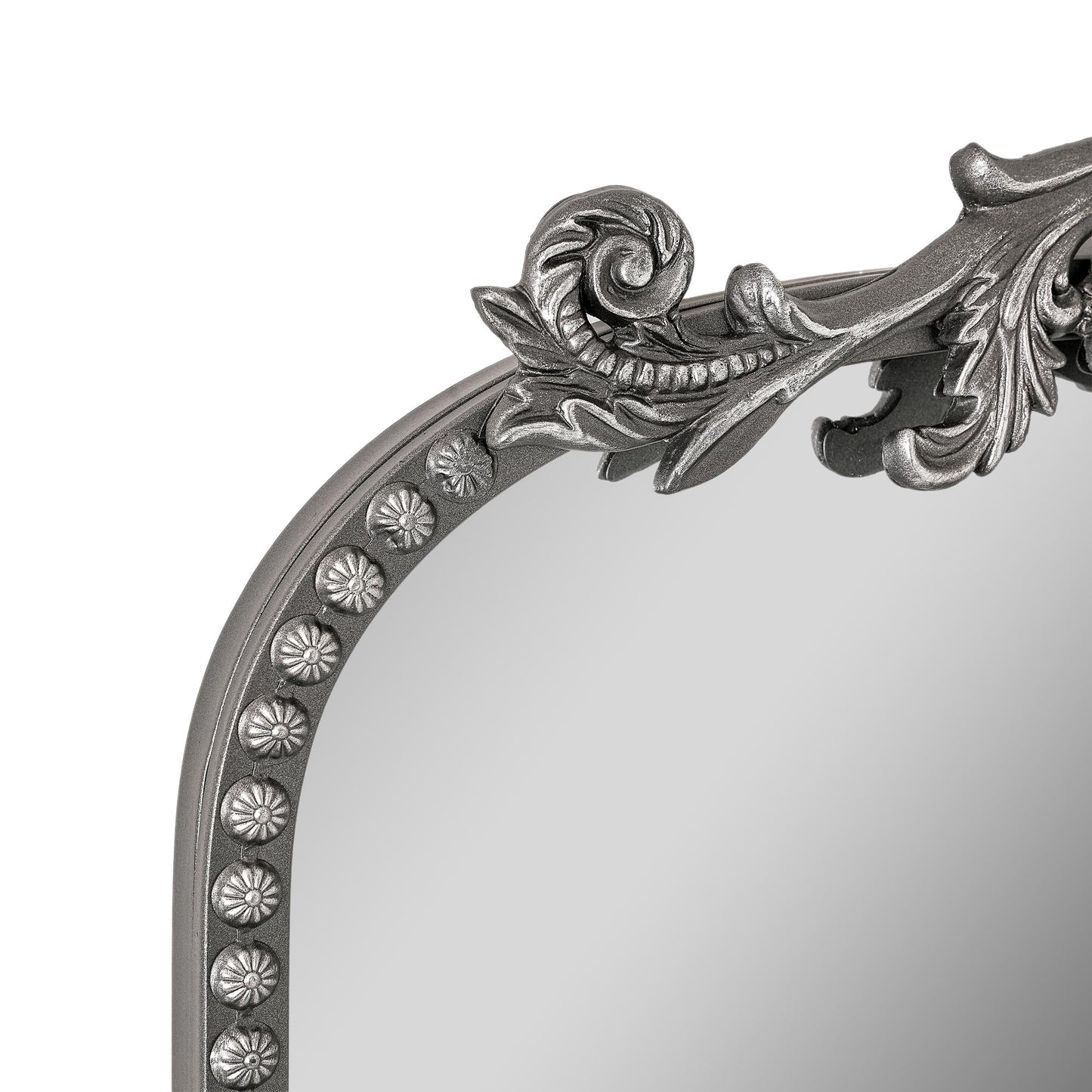 A 22 x 64 pewter arched full length mirror with antique silver scrollwork and beaded frame, positioned as a narrow floor leaner near a closet and entry area.