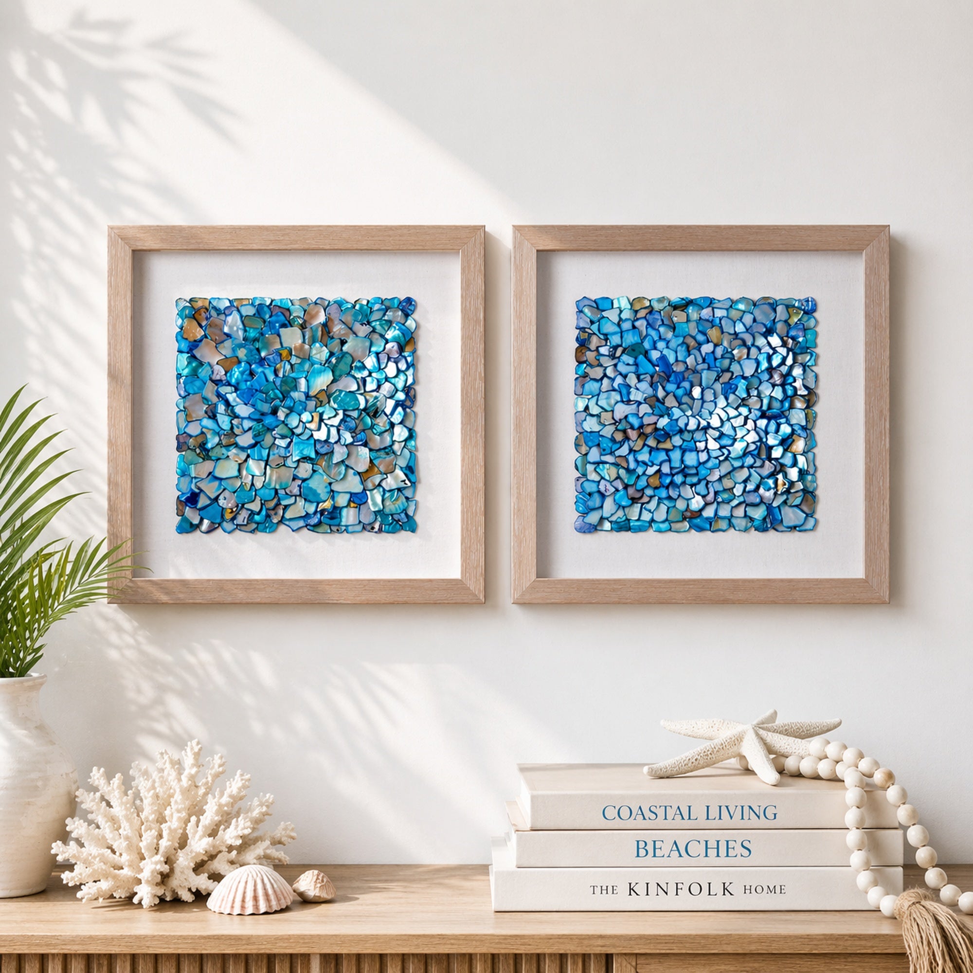 Blue Seashell Mosaic Framed Wall Art Decor, 2-Piece Set
