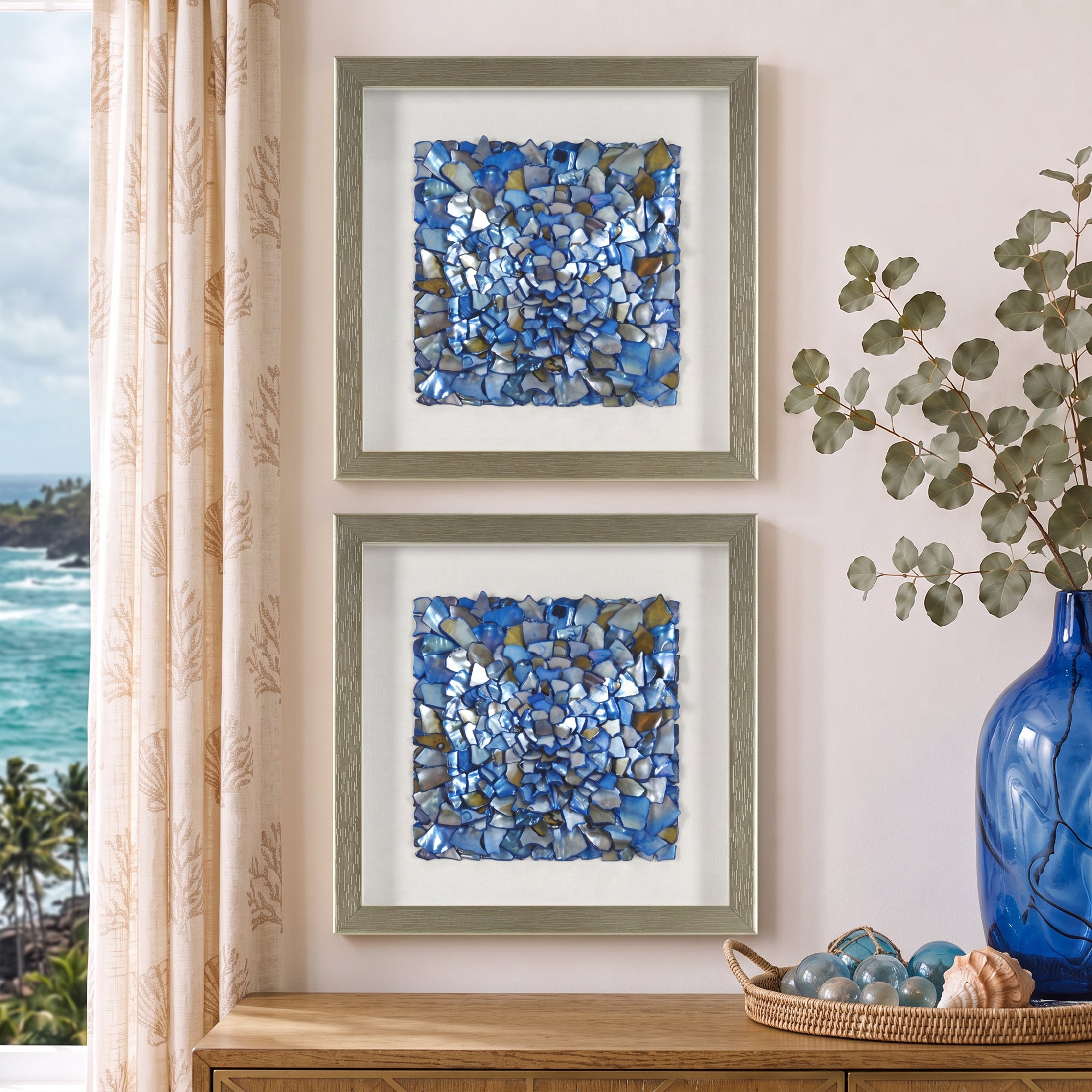 Blue Seashell Mosaic Framed Wall Art Decor, 2-Piece Set