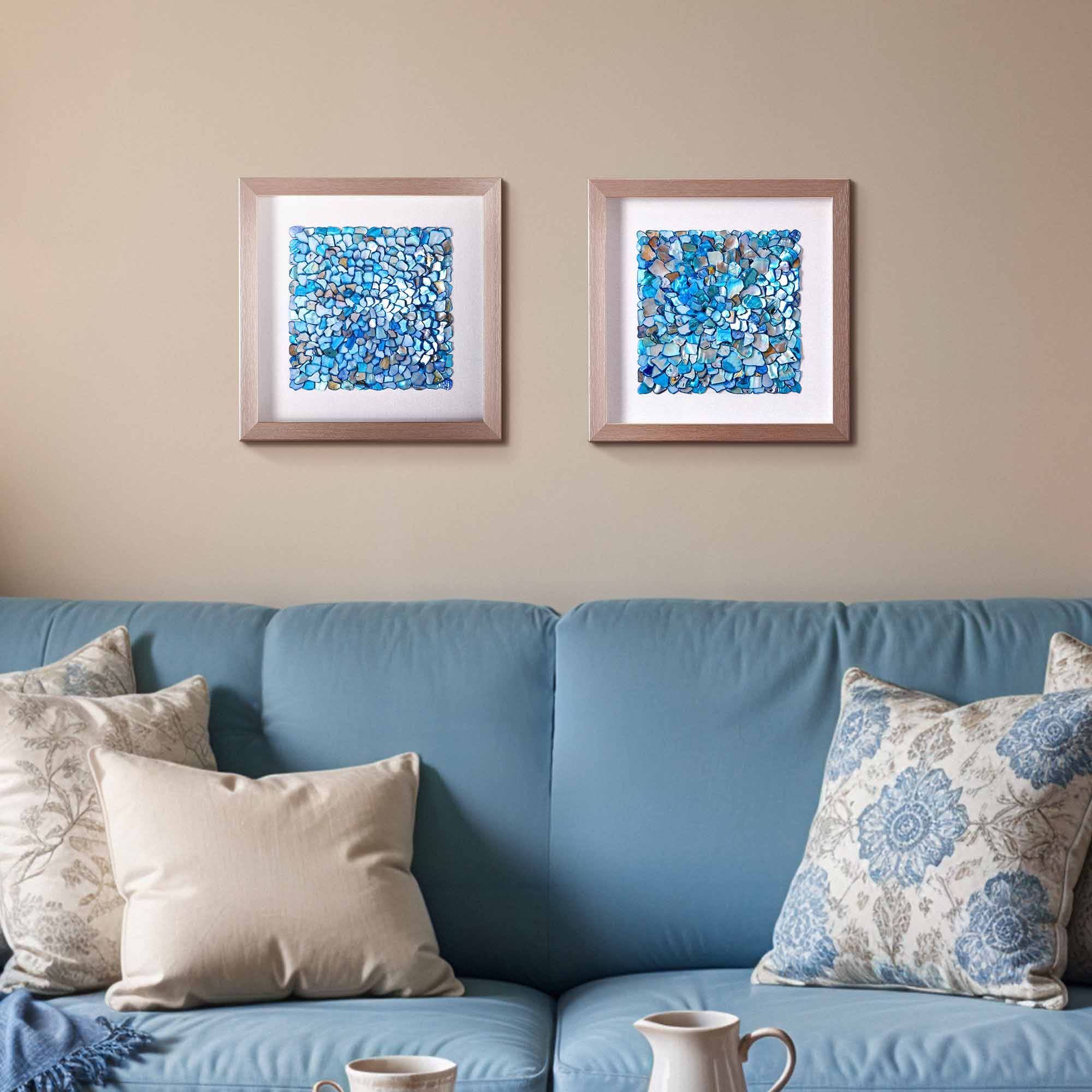 Framed Wall Art with Seashell decoration and Glass Cover 2-Piece Set in Blue