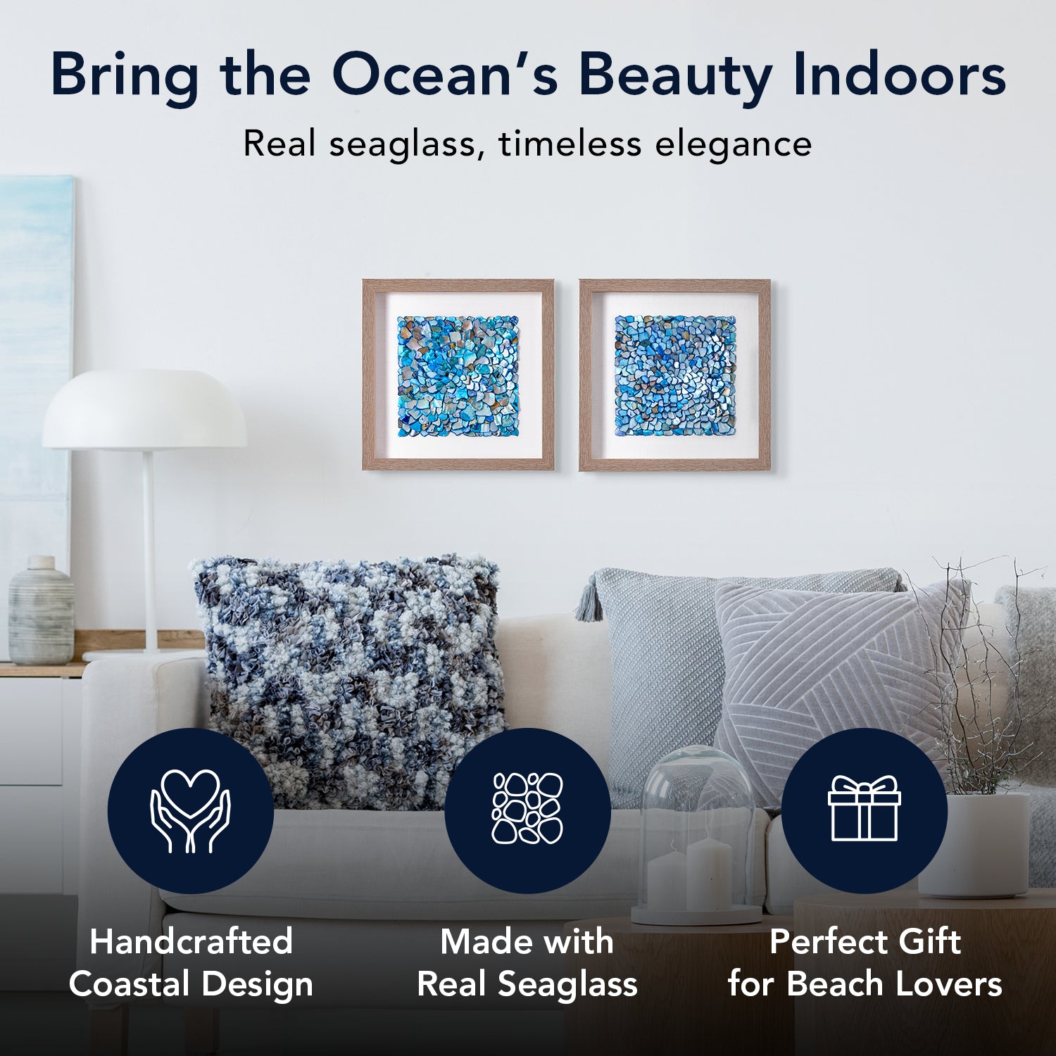 Framed Wall Art with Seashell decoration and Glass Cover 2-Piece Set in Blue