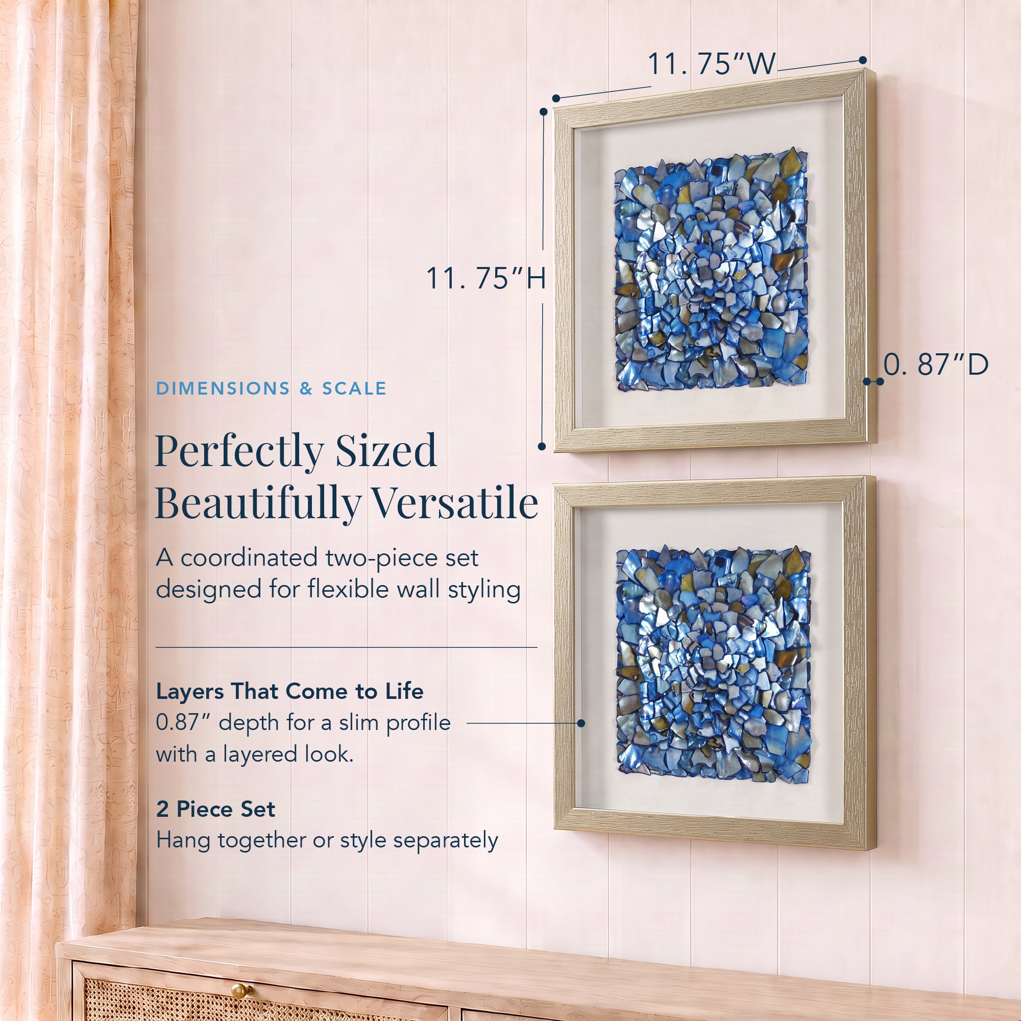 Blue Seashell Mosaic Framed Wall Art Decor, 2-Piece Set