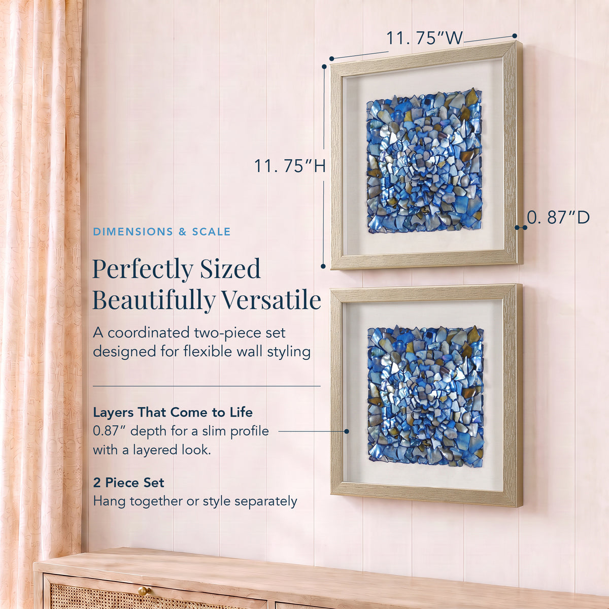 Blue Seashell Mosaic Framed Wall Art Decor, 2-Piece Set