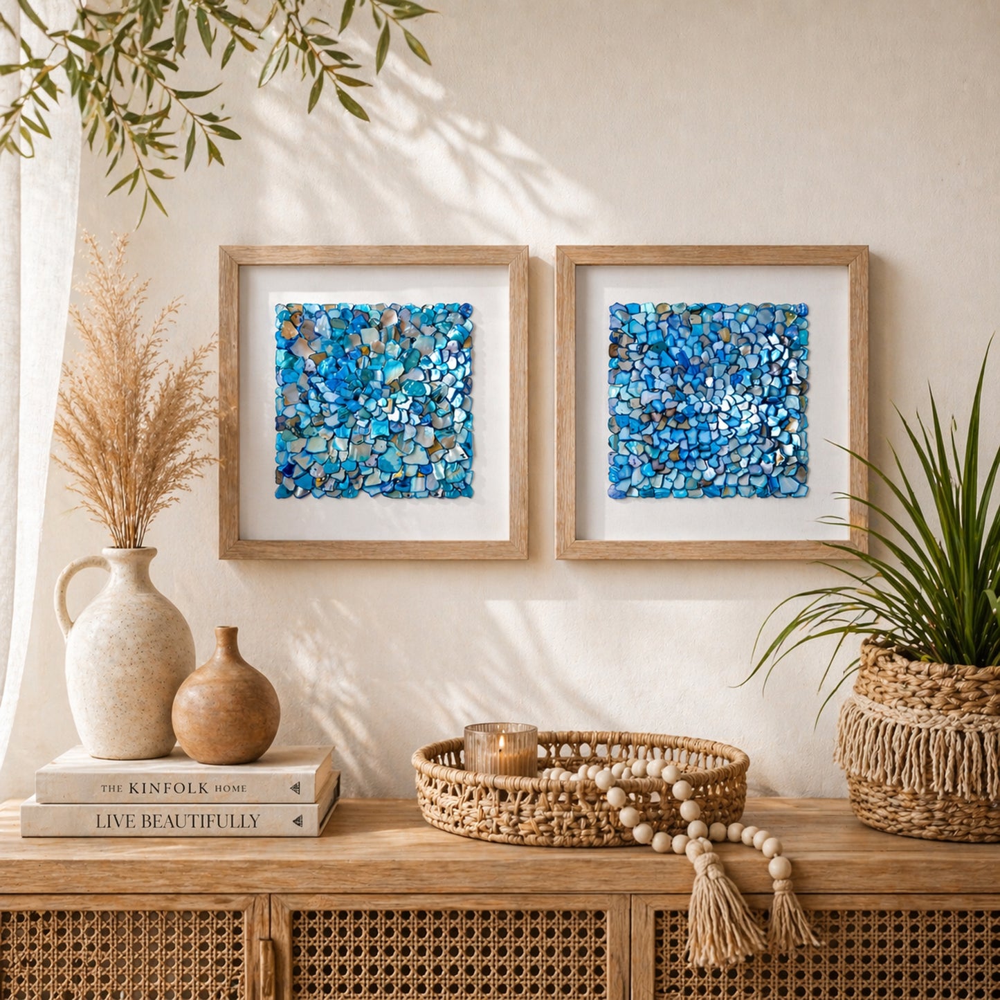 Blue Seashell Mosaic Framed Wall Art Decor, 2-Piece Set