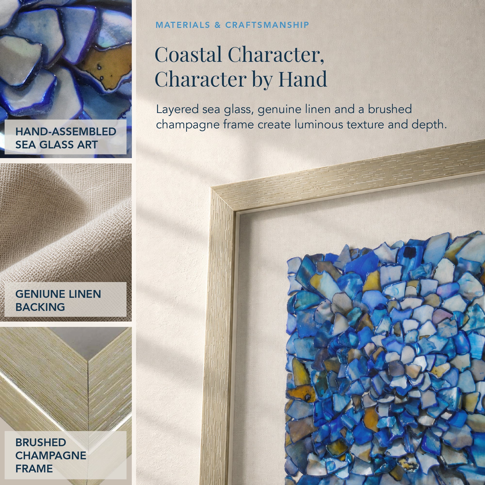 Blue Seashell Mosaic Framed Wall Art Decor, 2-Piece Set