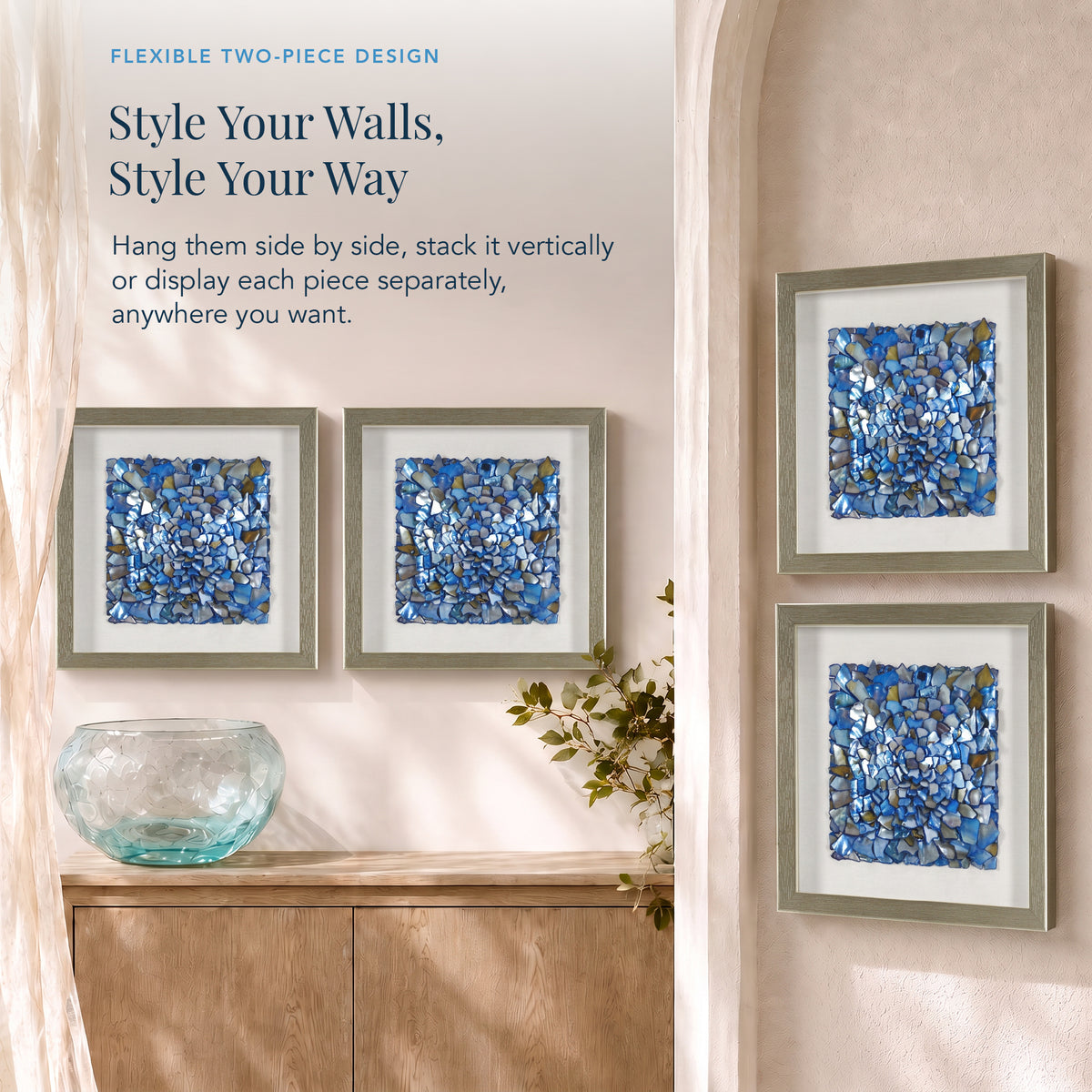 Blue Seashell Mosaic Framed Wall Art Decor, 2-Piece Set