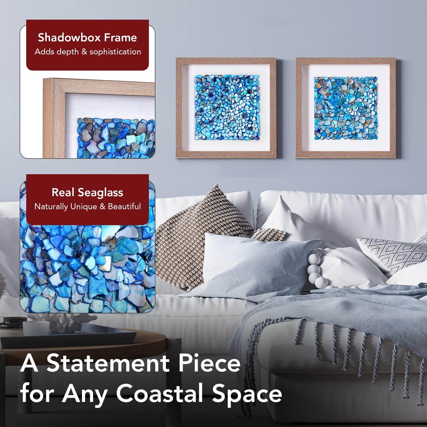 Framed Wall Art with Seashell decoration and Glass Cover 2-Piece Set in Blue