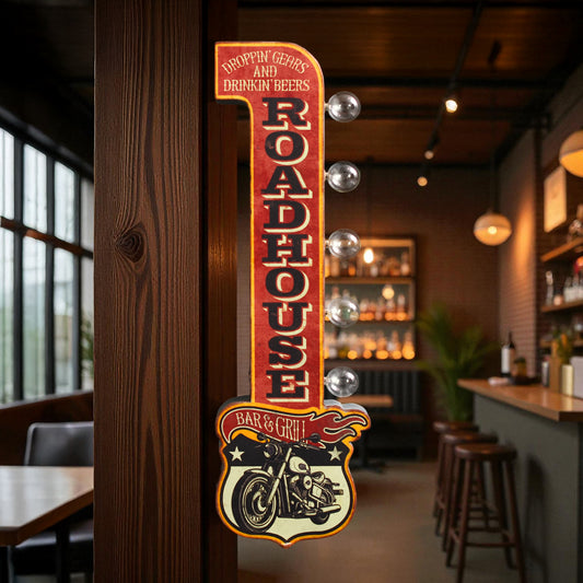 Vintage 'Roadhouse Bar & Grill' LED Metal Sign - Retro Wall Decor