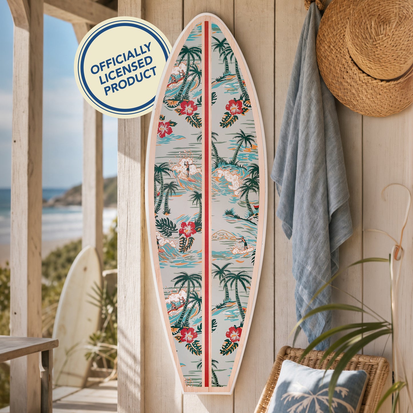 Vertical Kona Coast by Reyn Spooner surfboard wall plaque with seafoam blue tropical scenery, palm trees, hibiscus flowers, surfers, curling waves, a rose center stripe and a natural wood-look border.