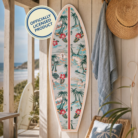 Vertical Kona Coast by Reyn Spooner surfboard wall plaque with seafoam blue tropical scenery, palm trees, hibiscus flowers, surfers, curling waves, a rose center stripe and a natural wood-look border.