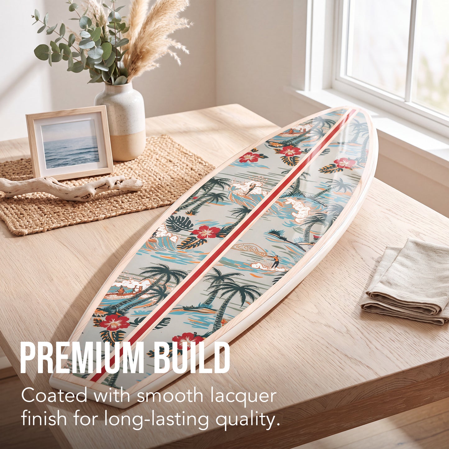 Vertical Kona Coast by Reyn Spooner surfboard wall plaque with seafoam blue tropical scenery, palm trees, hibiscus flowers, surfers, curling waves, a rose center stripe and a natural wood-look border.