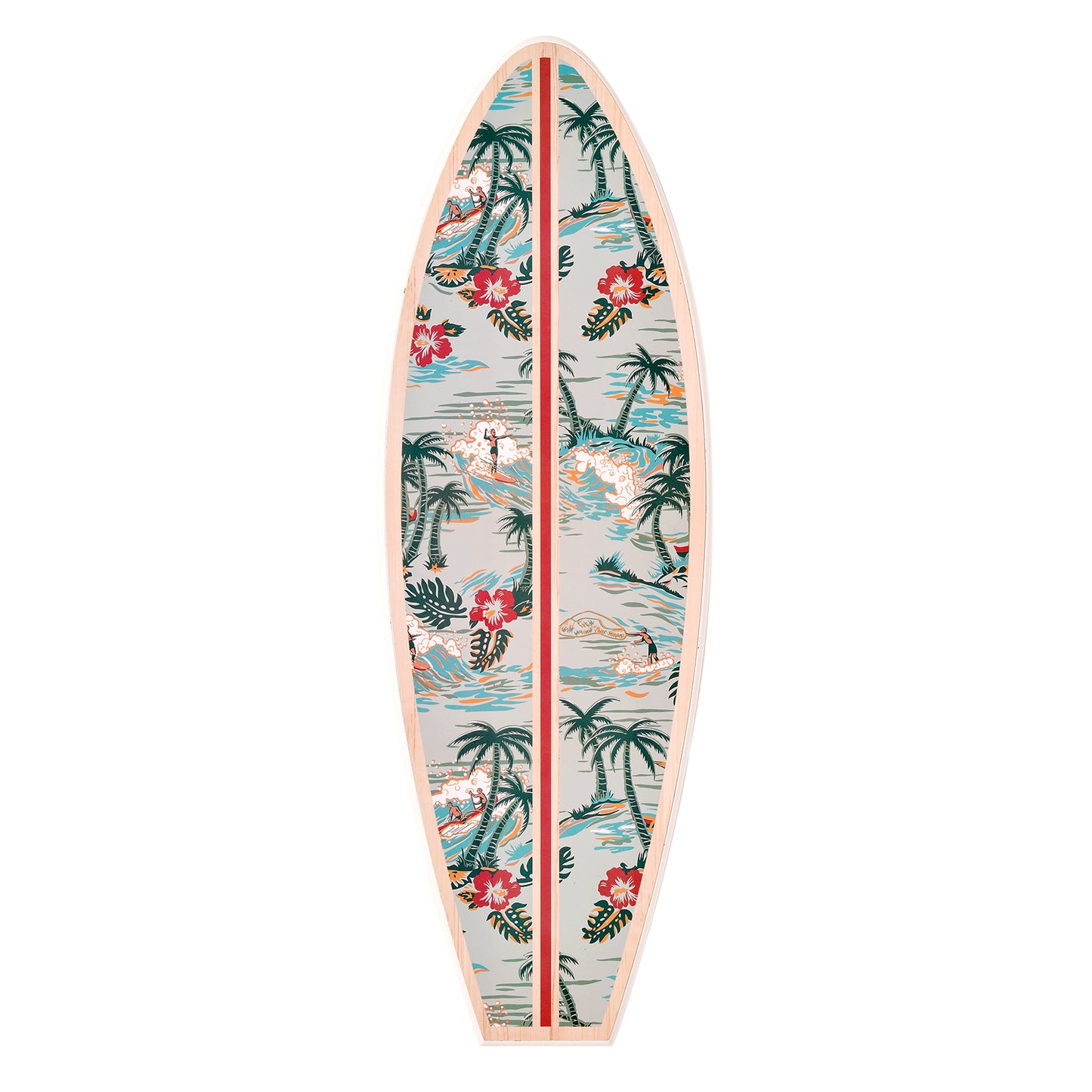 Vertical Kona Coast by Reyn Spooner surfboard wall plaque with seafoam blue tropical scenery, palm trees, hibiscus flowers, surfers, curling waves, a rose center stripe and a natural wood-look border.
