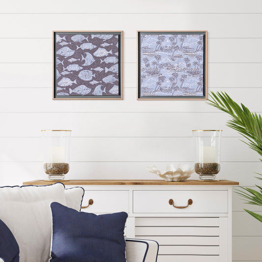 Kona Coast by Reyn Spooner Framed Floated Tropical Blue Fish Floated Printed Linen Wall Art Set of 2