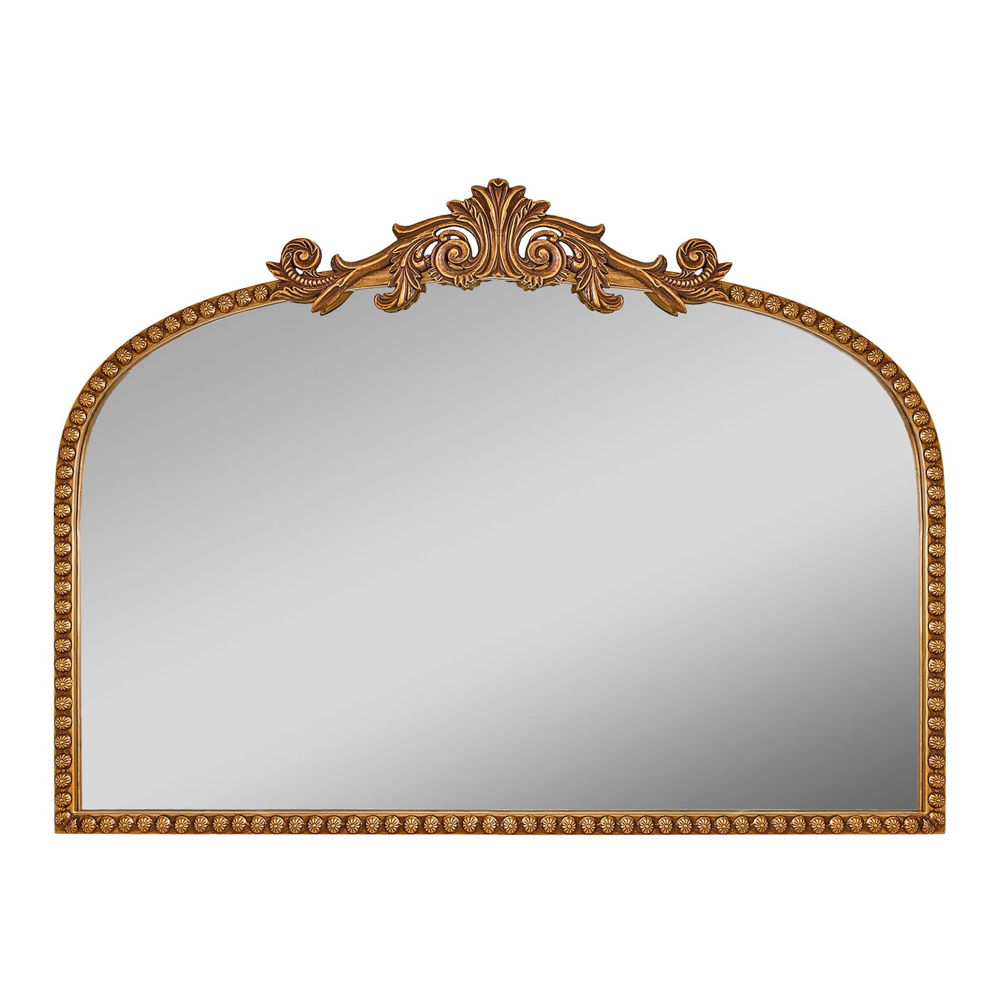 A wide 24 x 34 antique gold arched mirror with ornate filigree crest and beaded frame, styled horizontally above a mantel with candles, florals and warm room decor.