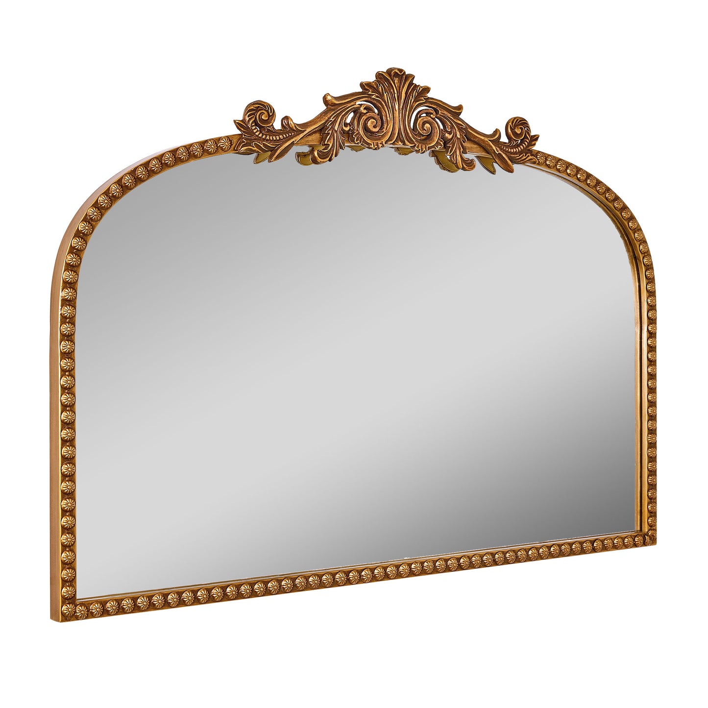A wide 24 x 34 antique gold arched mirror with ornate filigree crest and beaded frame, styled horizontally above a mantel with candles, florals and warm room decor.