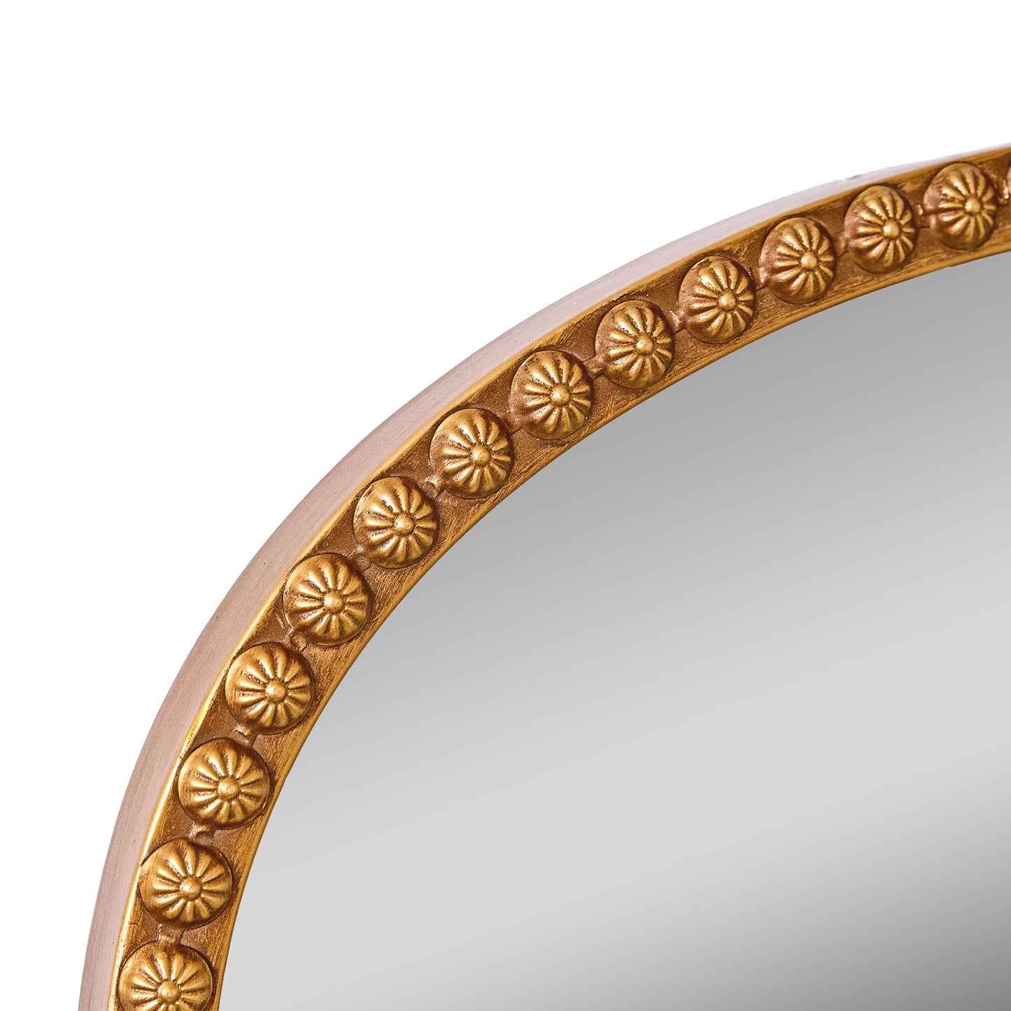 A wide 24 x 34 antique gold arched mirror with ornate filigree crest and beaded frame, styled horizontally above a mantel with candles, florals and warm room decor.