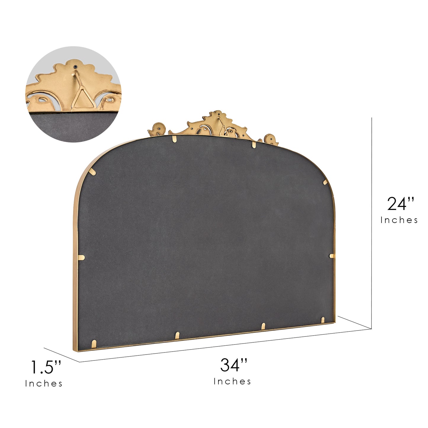 A wide 24 x 34 antique gold arched mirror with ornate filigree crest and beaded frame, styled horizontally above a mantel with candles, florals and warm room decor.